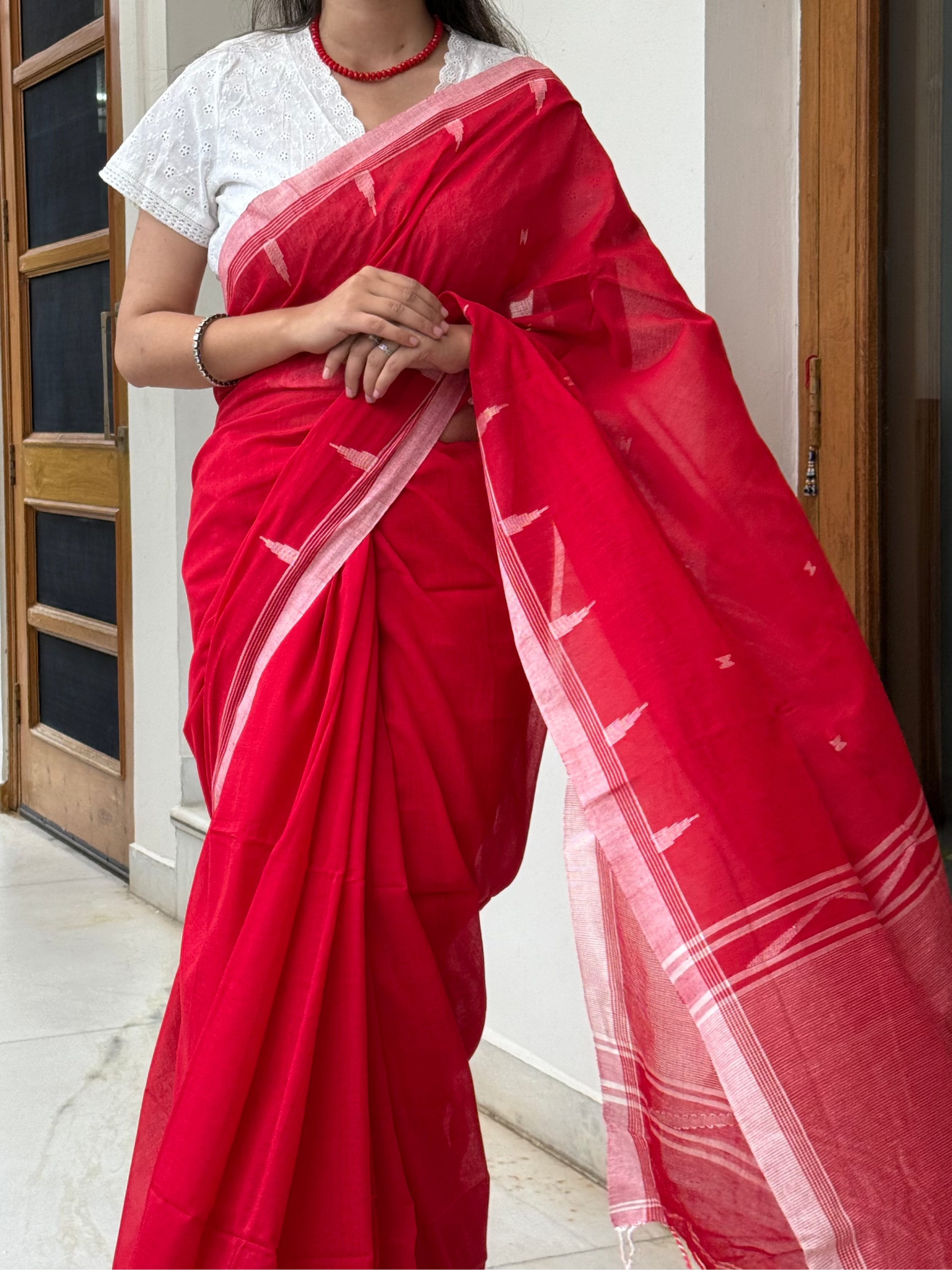  Elegant red Bengal cotton saree styled for office or casual wear