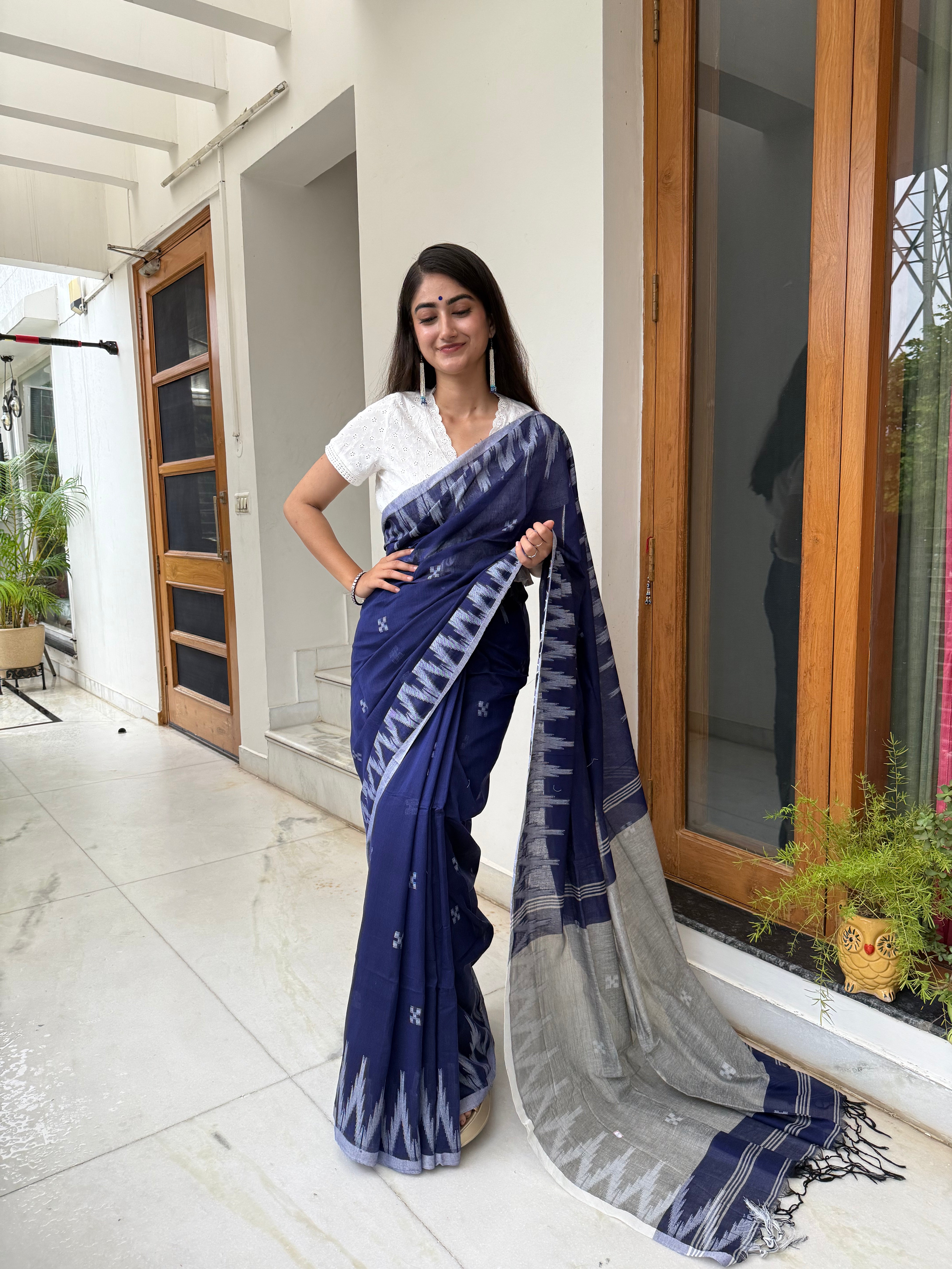 Royal Blue Handwoven Bengal Cotton Saree draped on model