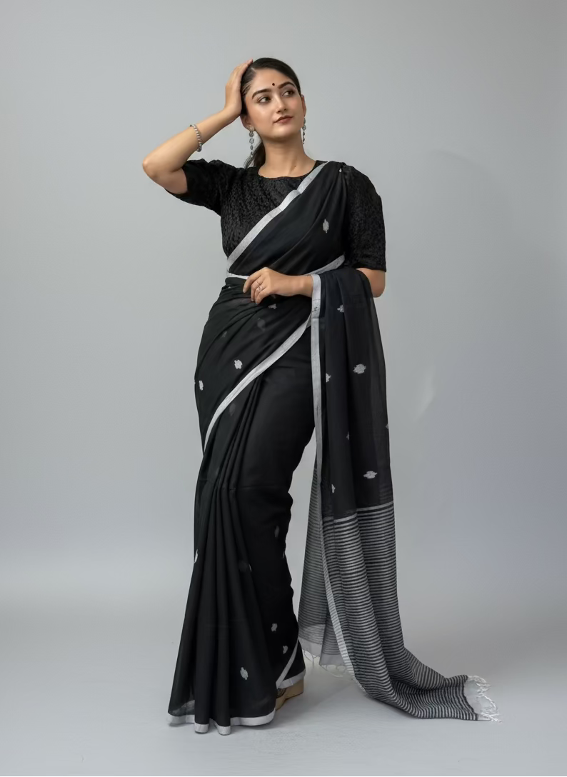  Black with White Buti and Stripe Border Pure Cotton Saree draped on model