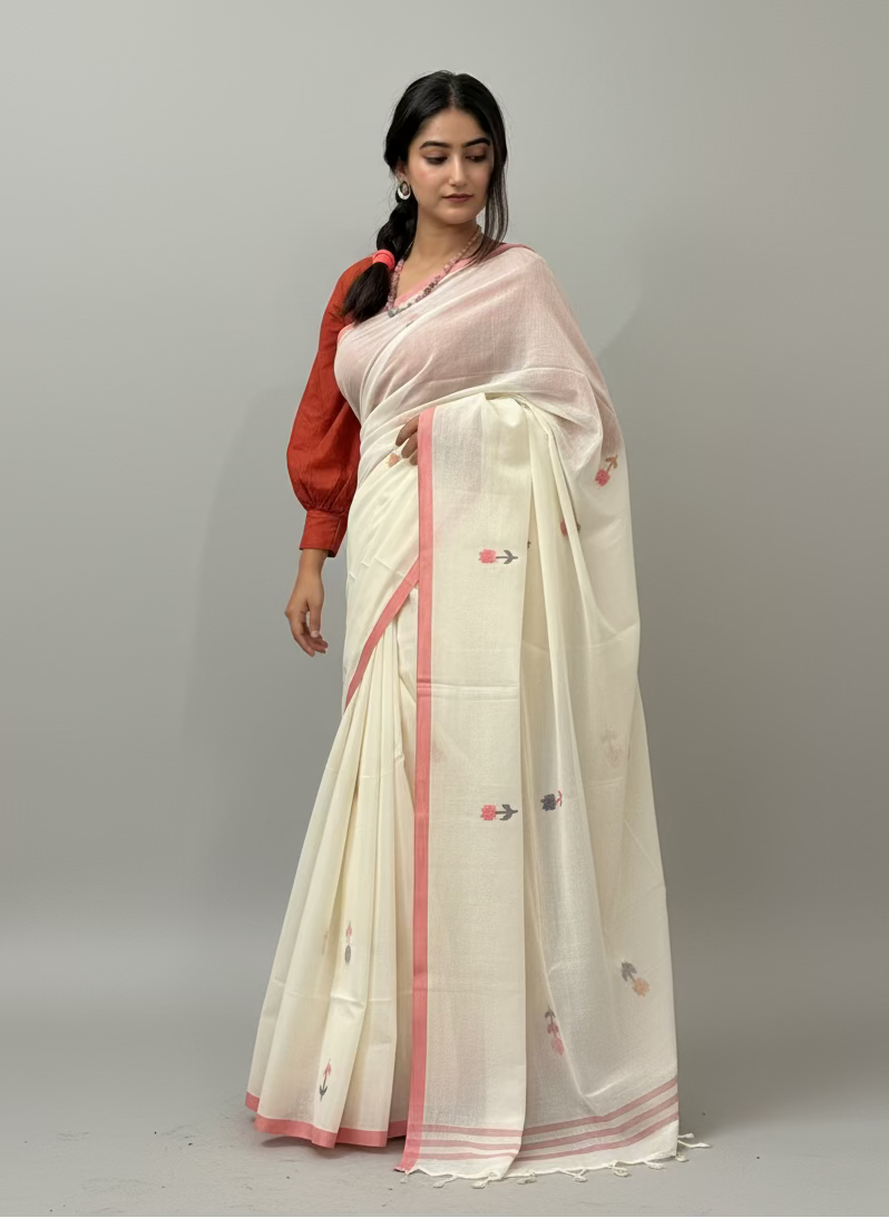 Off White with Flower Weave Buti Pure Mul Cotton Saree draped on model
