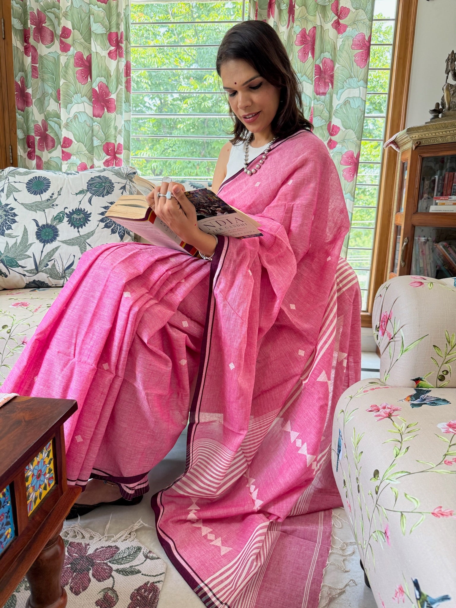 Bright Rose Pink Base Pure Cotton Jamdani Saree