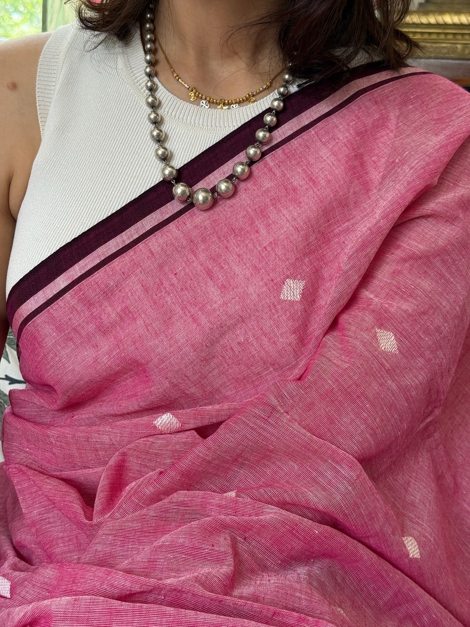 Bright Rose Pink Base Pure Cotton Jamdani Saree