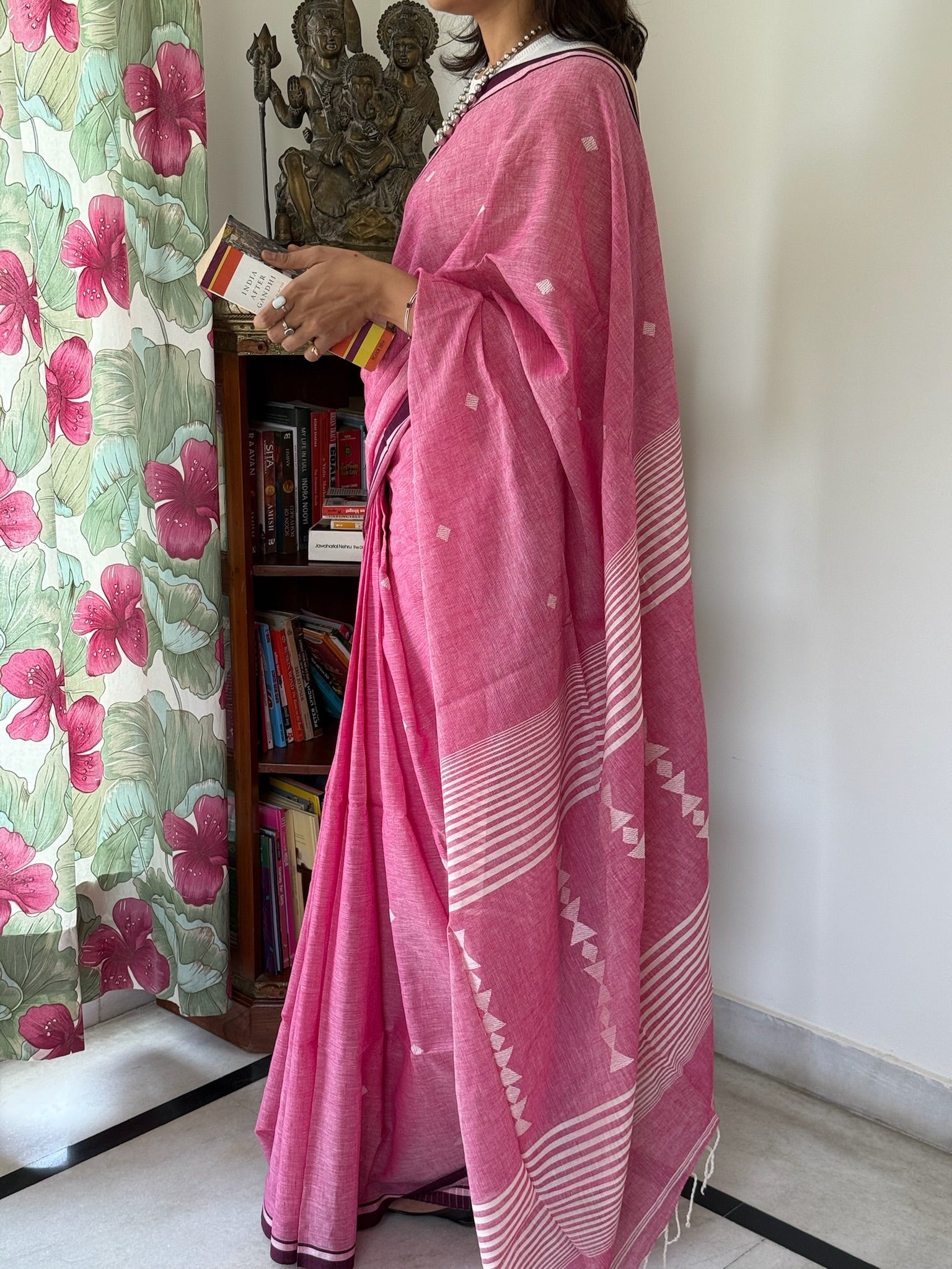 Bright Rose Pink Base Pure Cotton Jamdani Saree