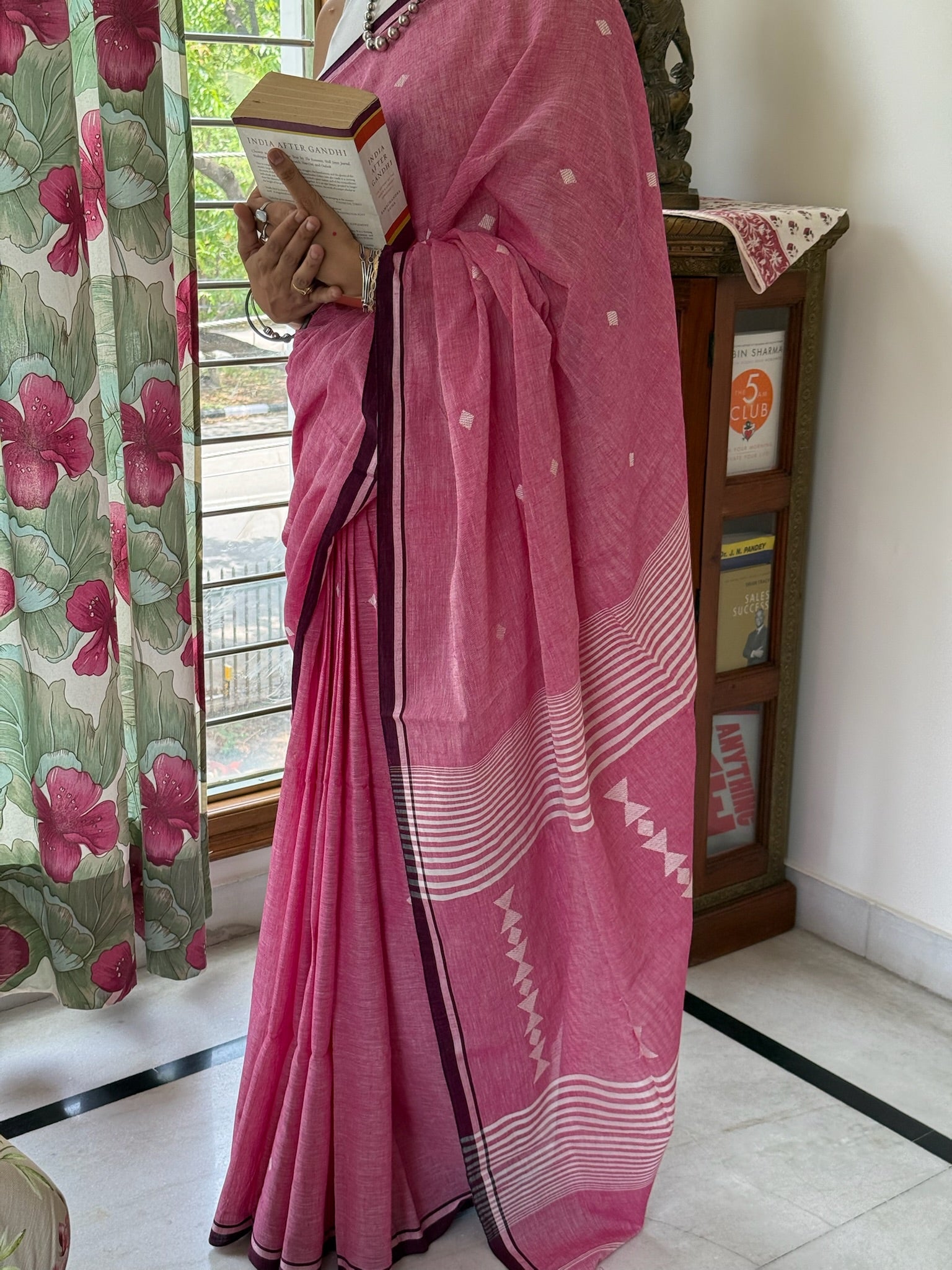 Bright Rose Pink Base Pure Cotton Jamdani Saree