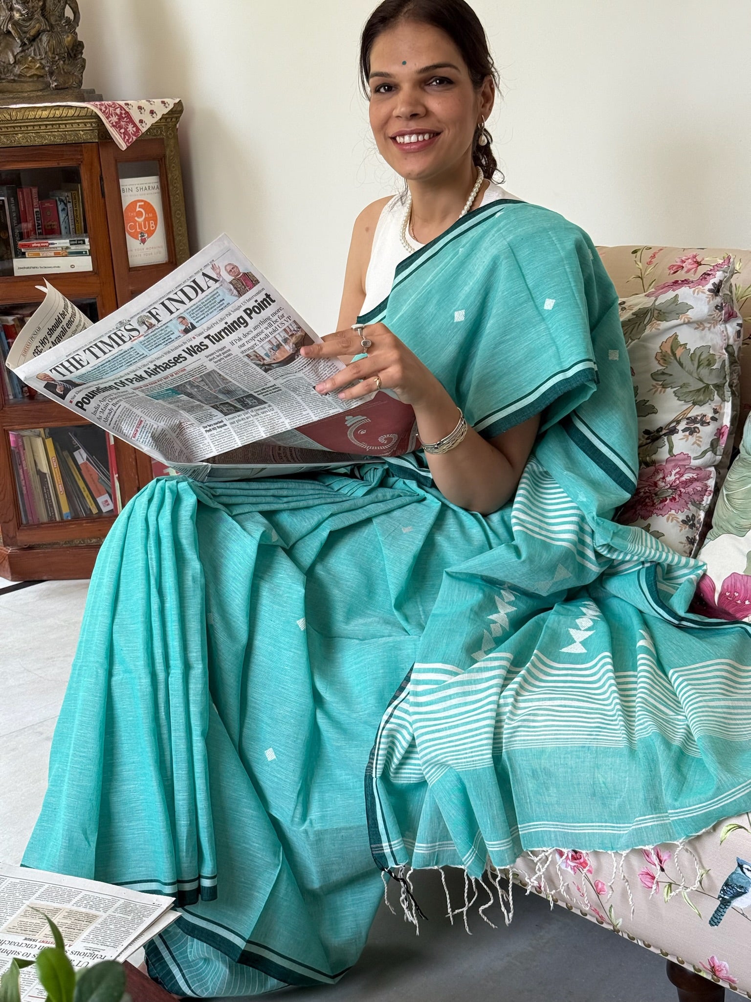 Fresh Aqua Teal Base With A Subtle Sheen Pure Cotton Jamdani Saree