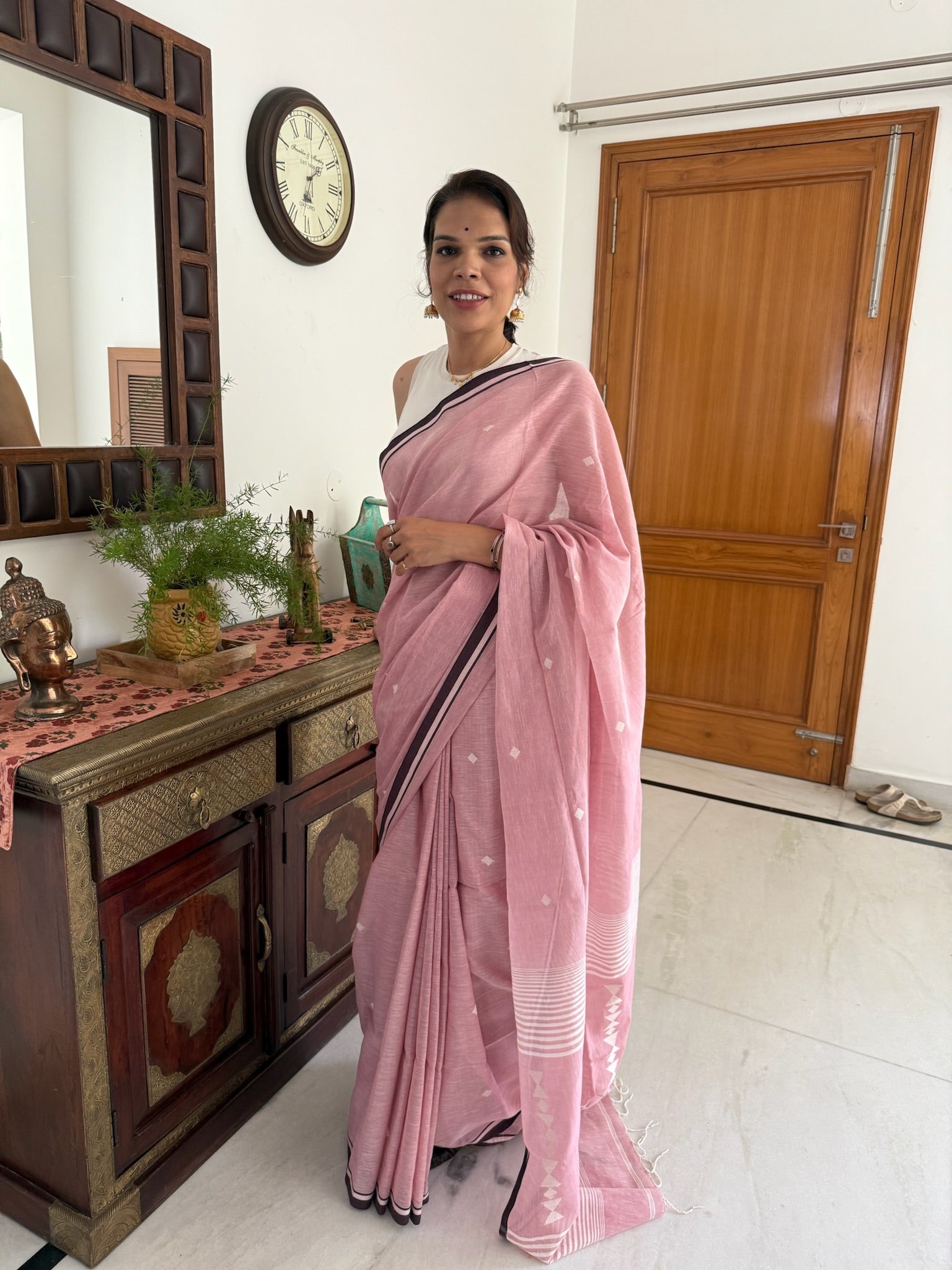 Soft Blush Pink Base With Subtle White Woven Motifs Pure Cotton Jamdani Saree