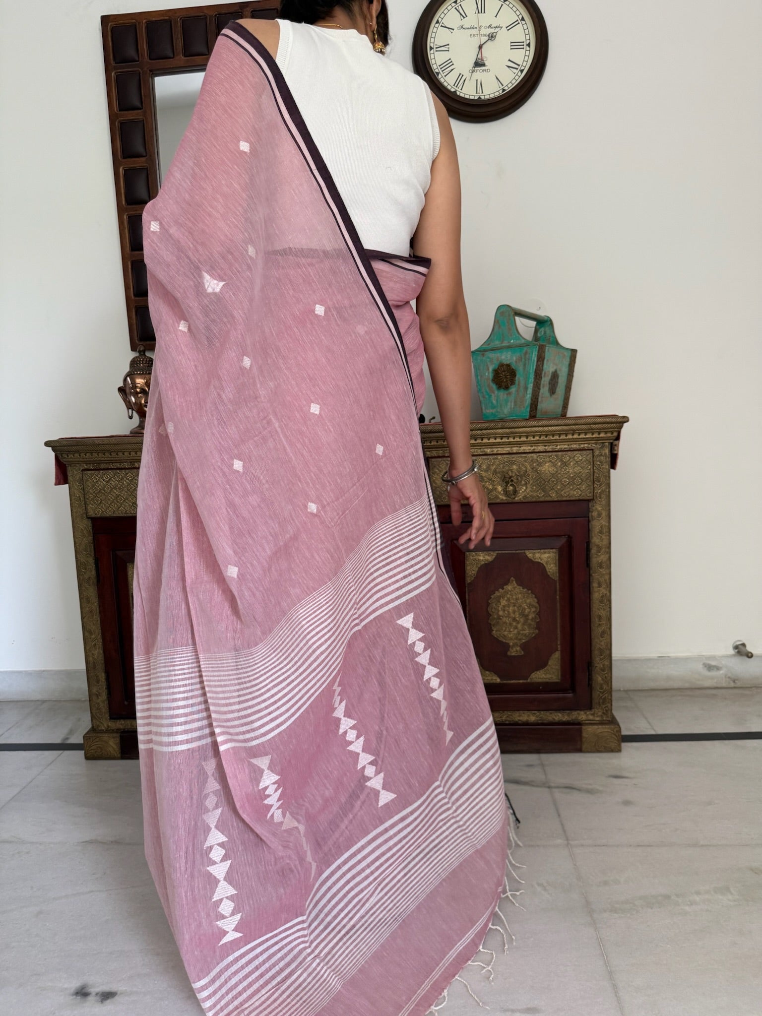 Soft Blush Pink Base With Subtle White Woven Motifs Pure Cotton Jamdani Saree
