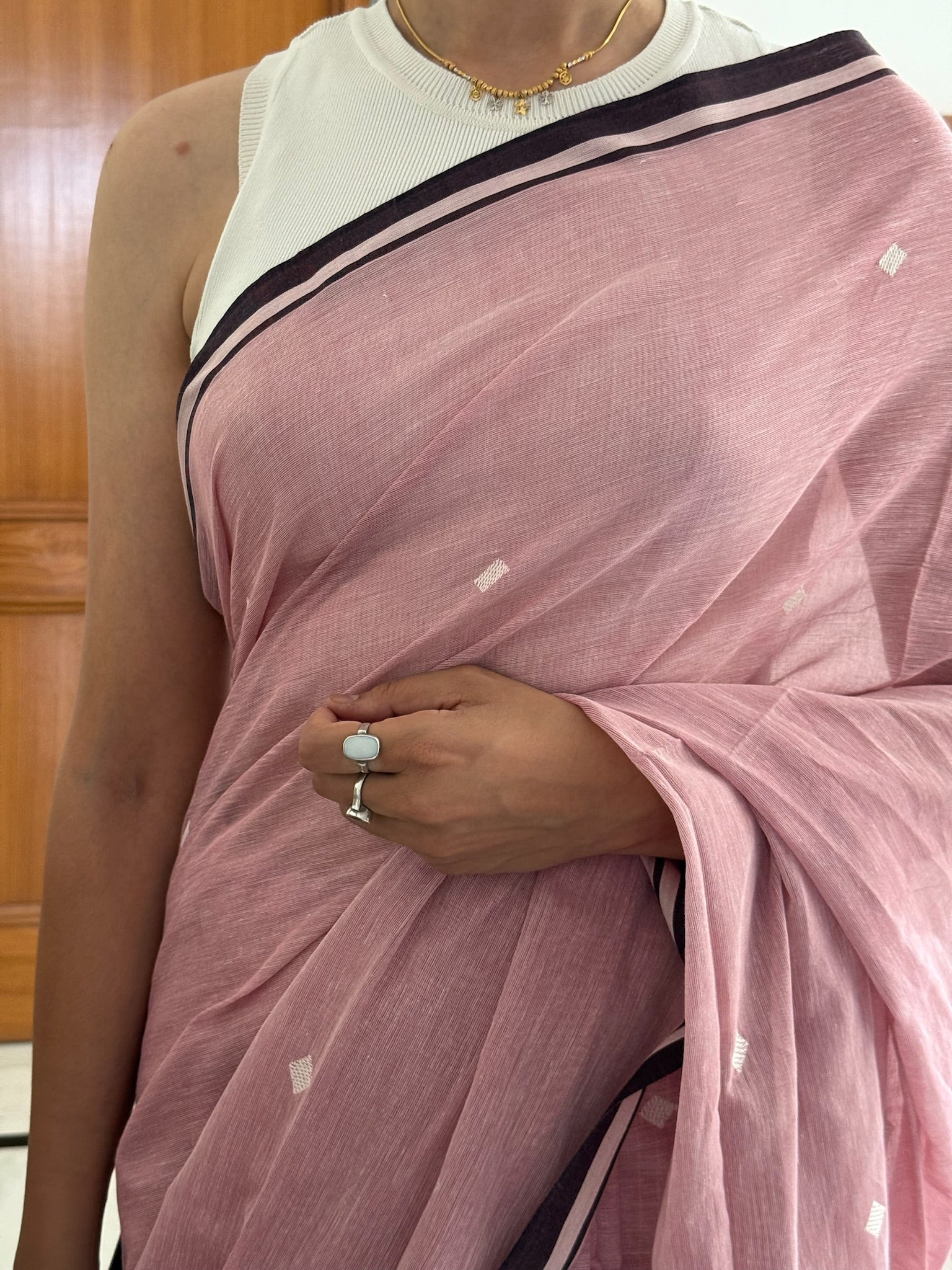 Soft Blush Pink Base With Subtle White Woven Motifs Pure Cotton Jamdani Saree