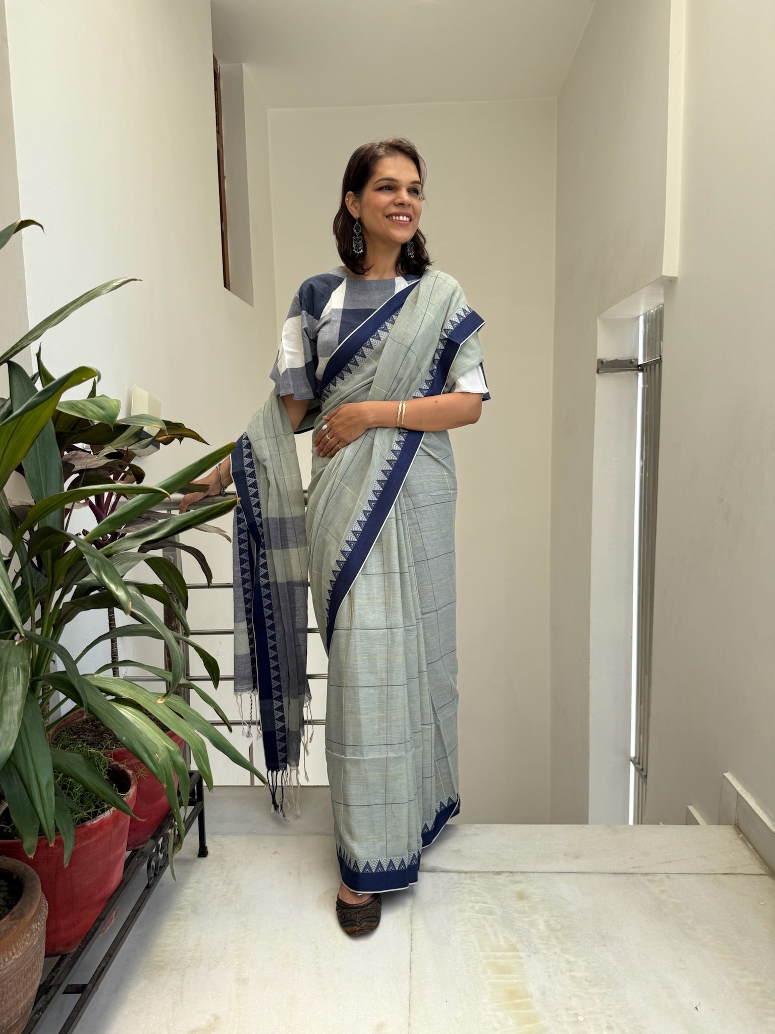 Elegant Light Grey Cotton Saree With Check And Temple Border