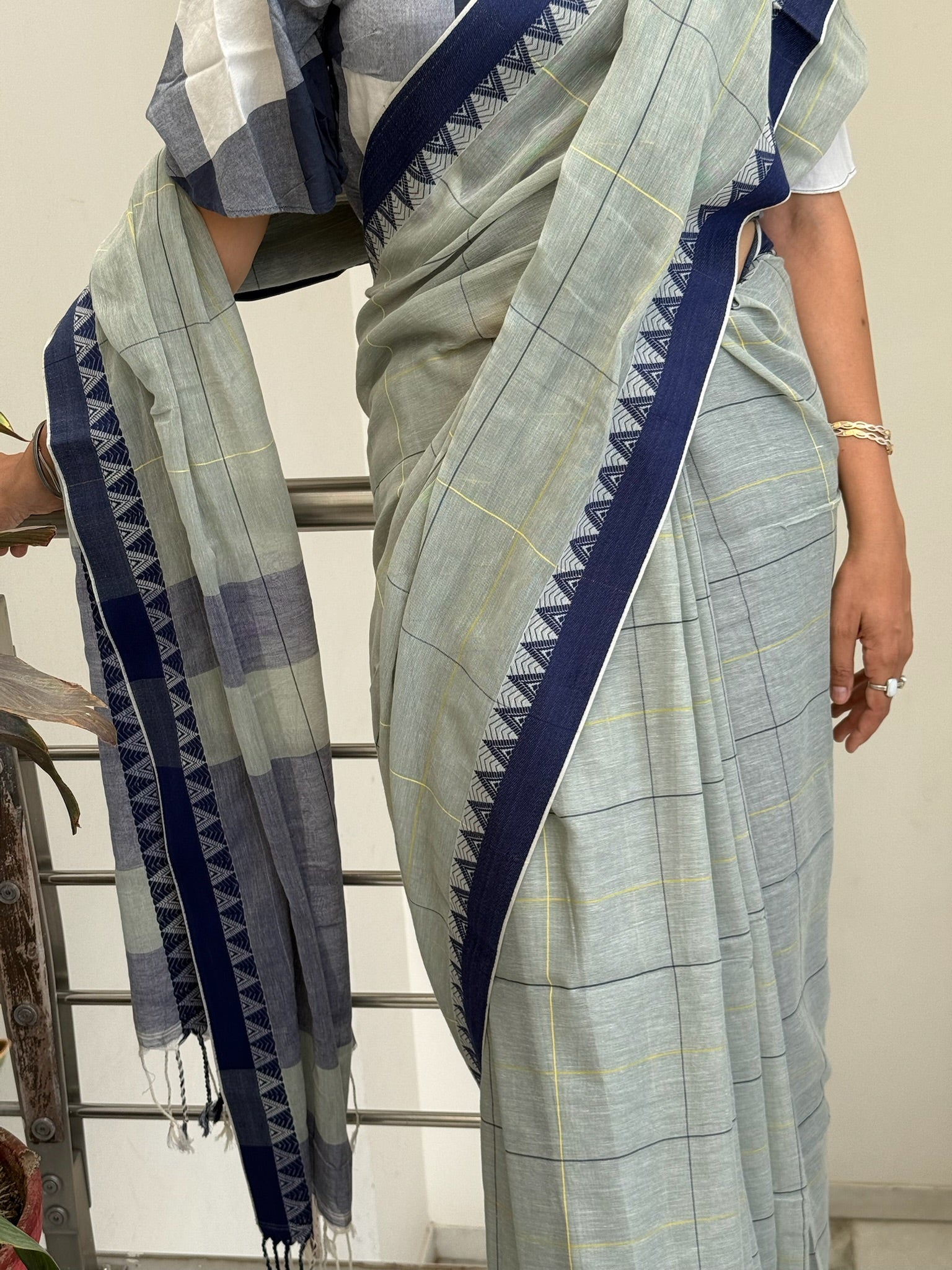 Elegant Light Grey Cotton Saree With Check And Temple Border