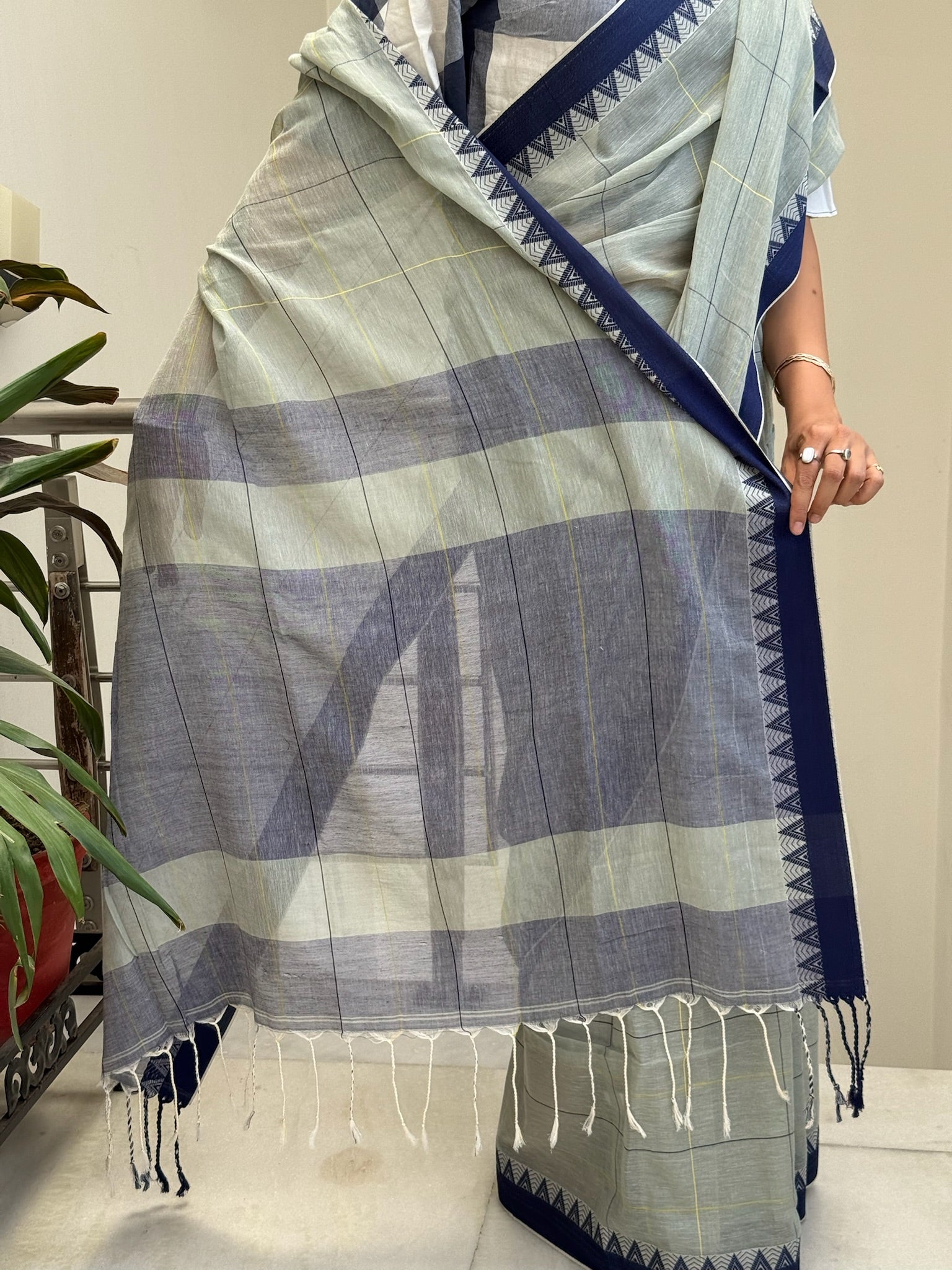 Elegant Light Grey Cotton Saree With Check And Temple Border