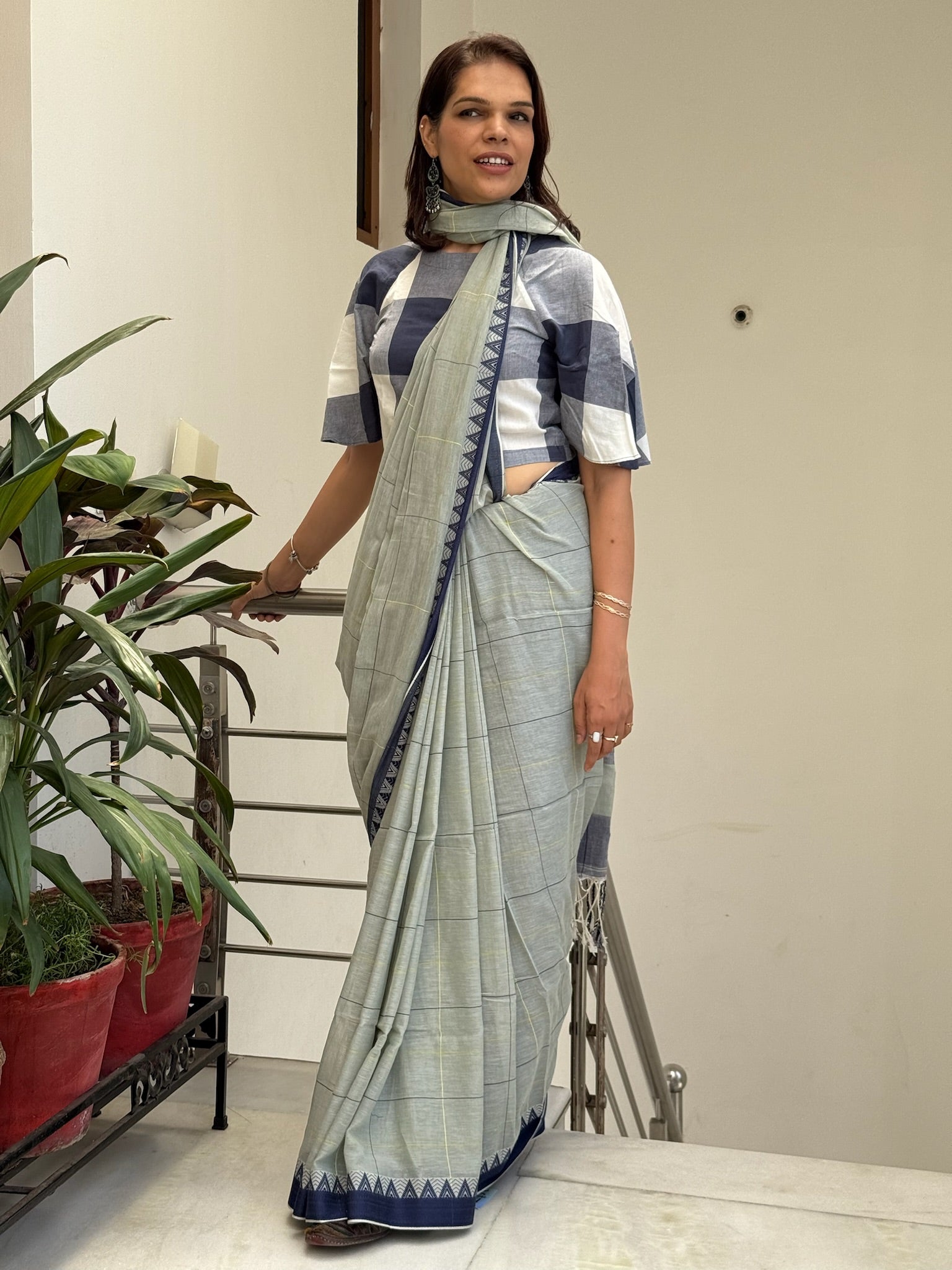 Elegant Light Grey Cotton Saree With Check And Temple Border