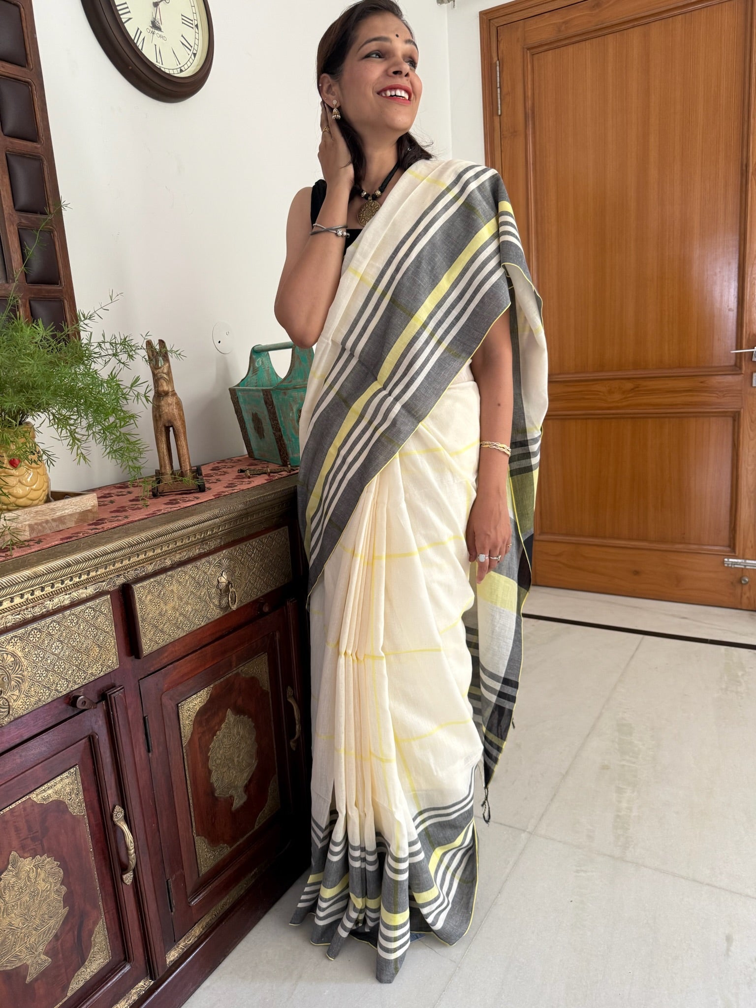 Elegant Off White Or Crimson Cotton Saree With Check And Stripe Border