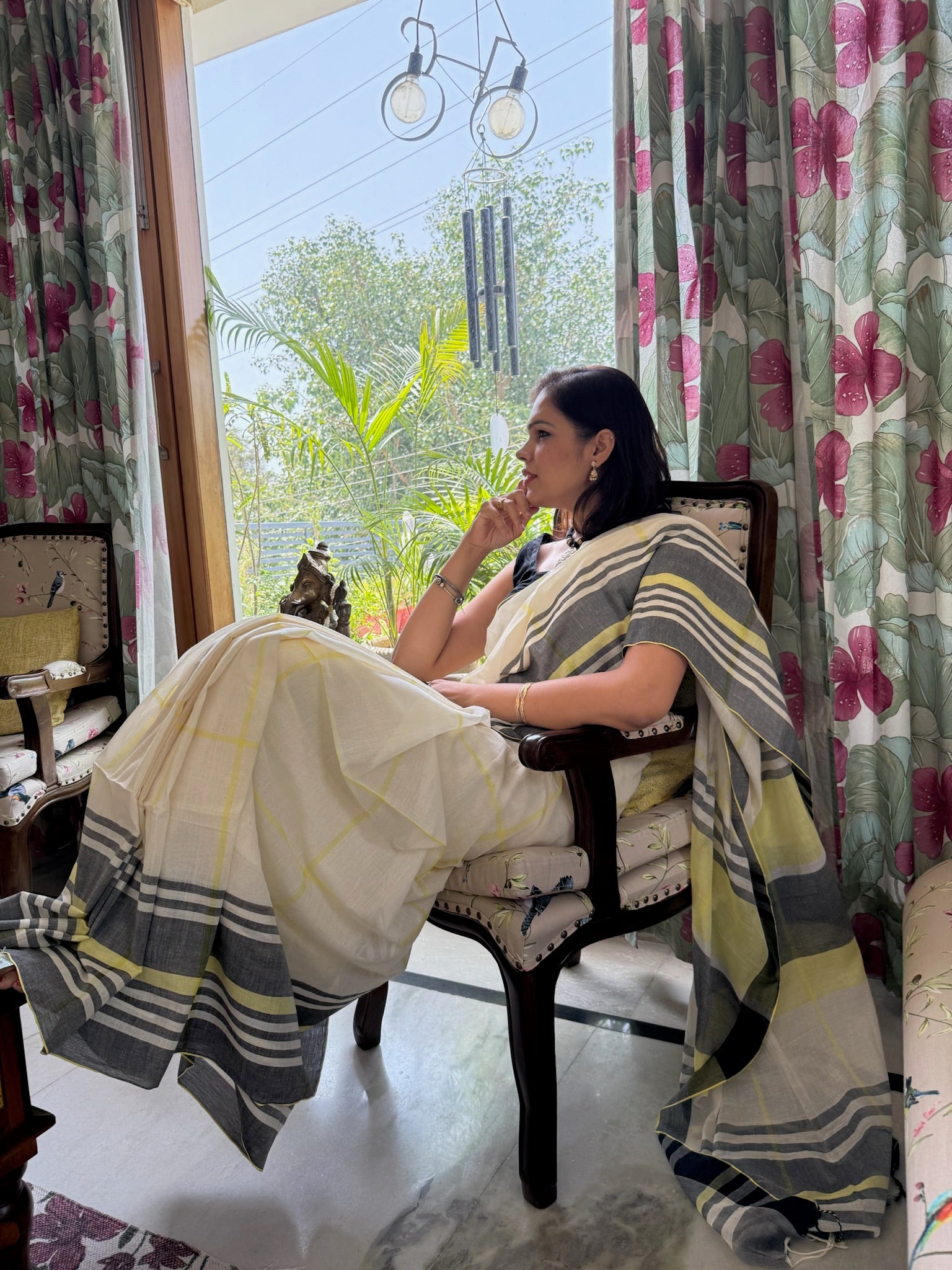 Elegant Off White Or Crimson Cotton Saree With Check And Stripe Border