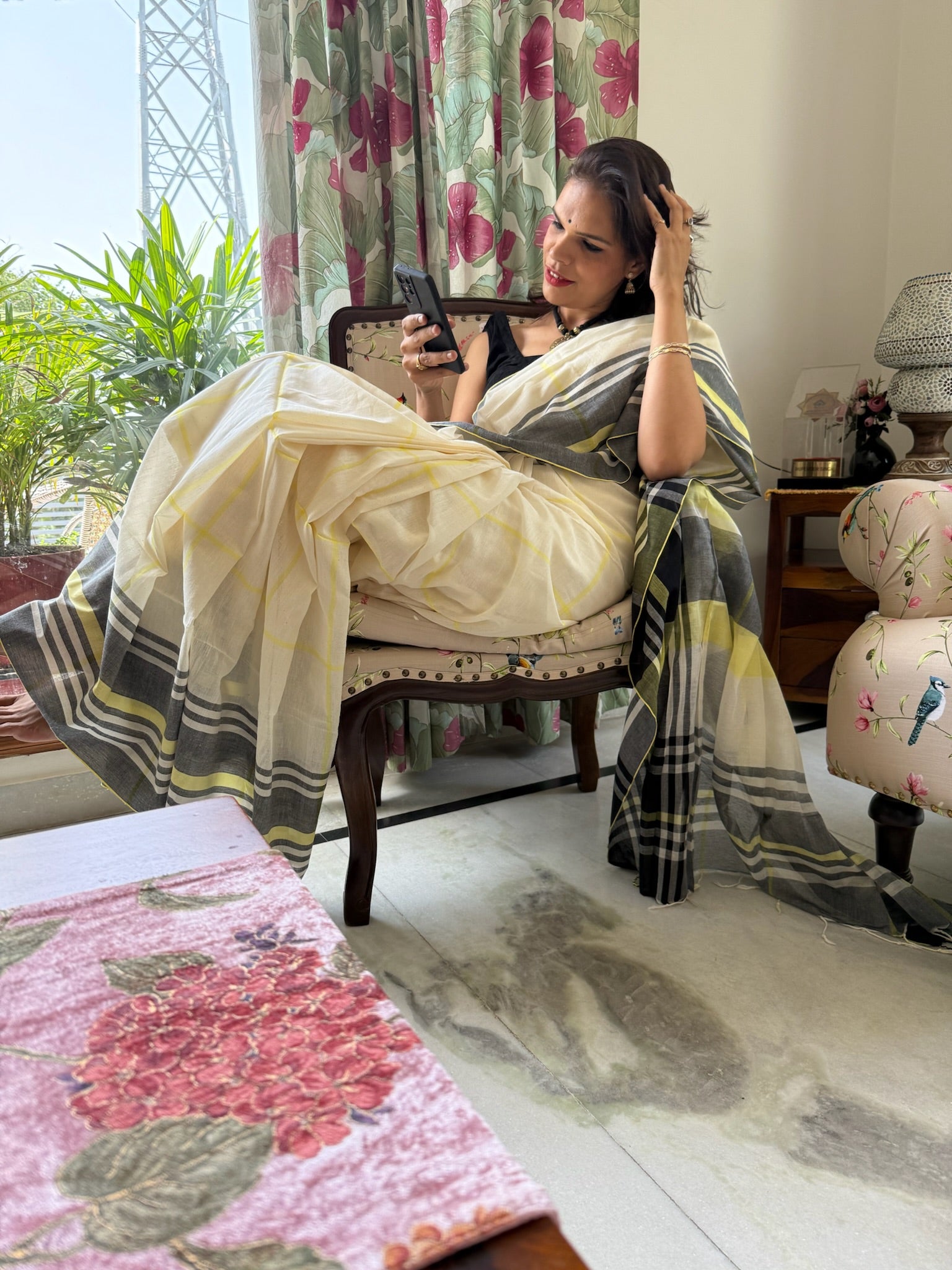Elegant Off White Or Crimson Cotton Saree With Check And Stripe Border