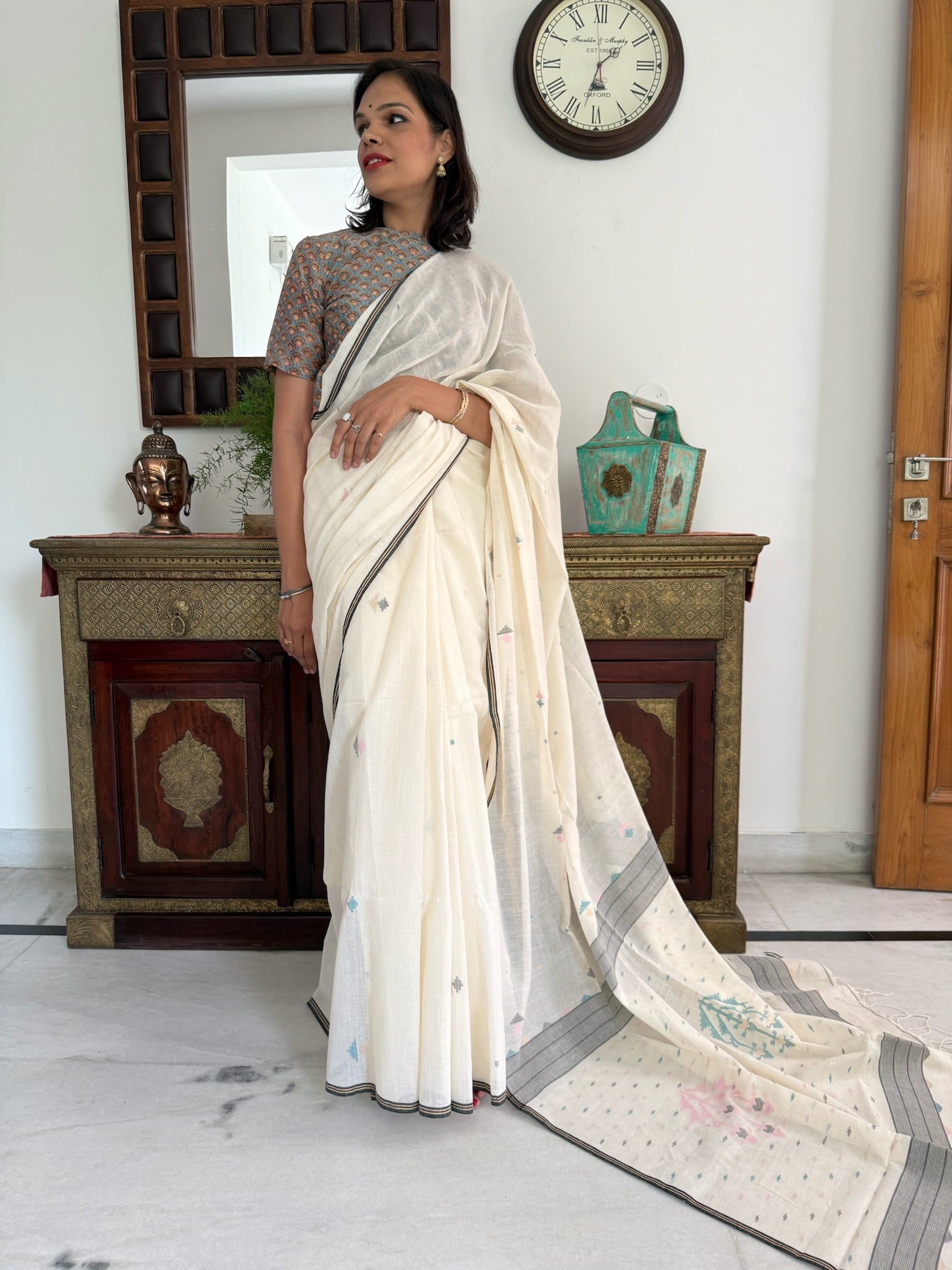 Soft Ivory Base With Tiny Pastel And Grey Woven Motifs Pure Cotton Jamdani Saree