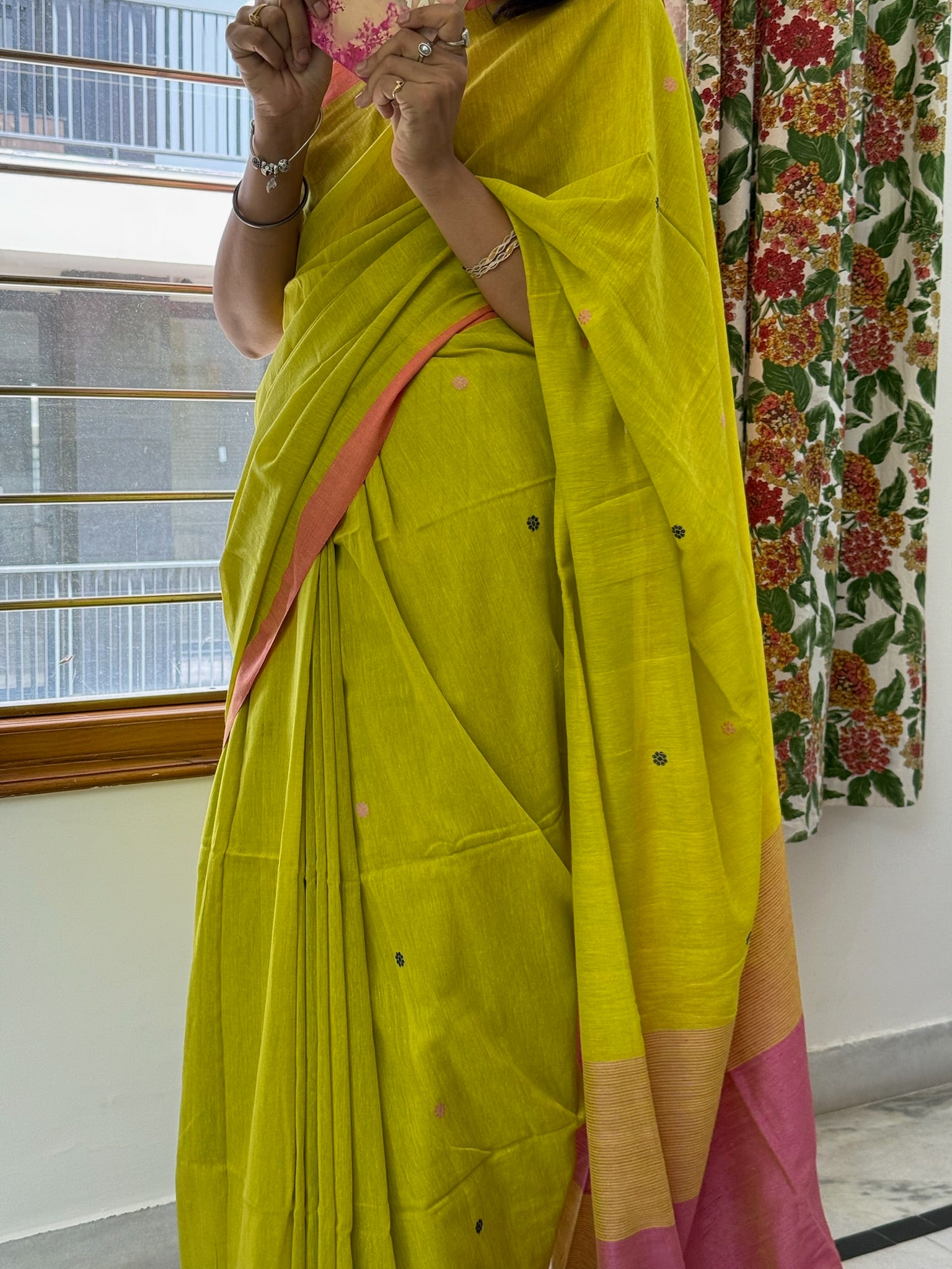 Vibrant Chartreuse Yellow Pure Cotton Jamdani Saree