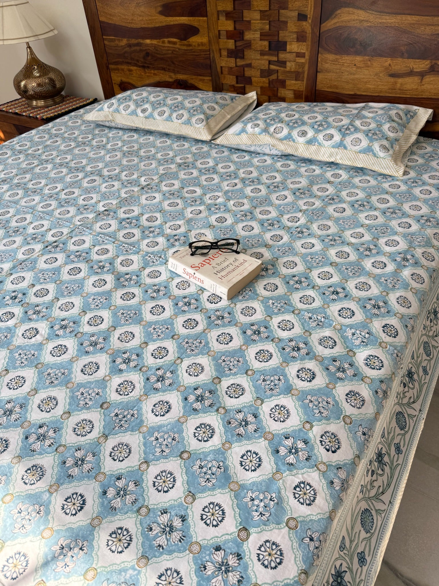 Hand Block Printed Blue & White Floral Cotton Bedsheet with Geometric Pattern (with Pillow Covers)