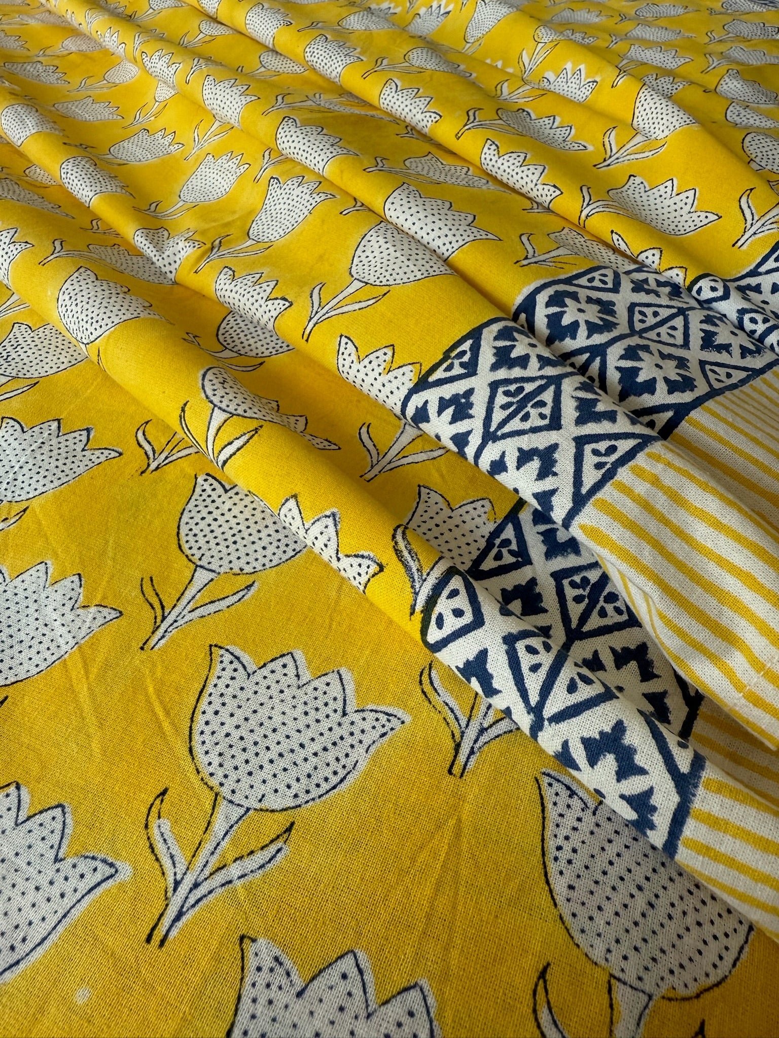 Yellow Floral Cotton Bedsheet with Blue Border