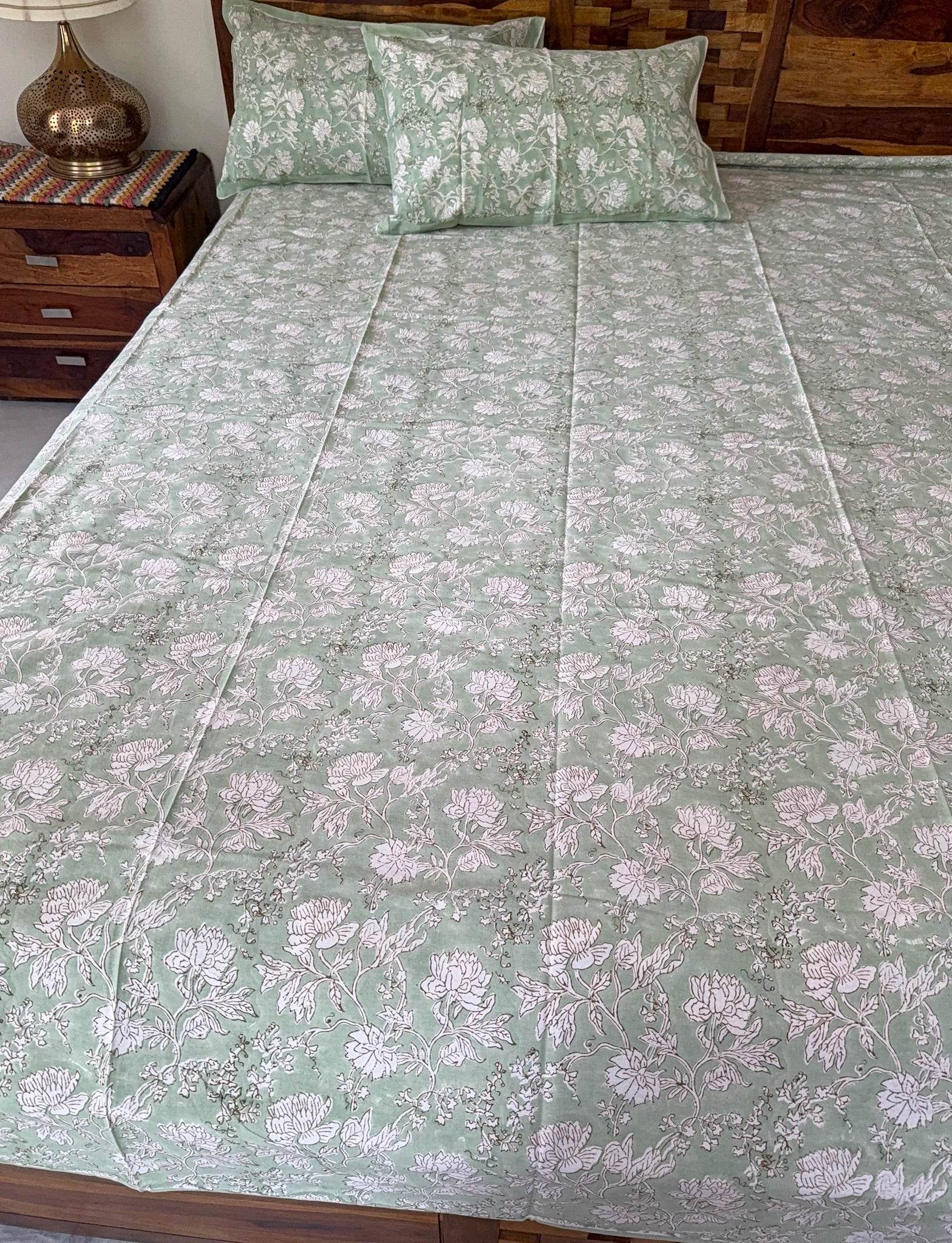 Hand Block Printed Pastel Green Floral Cotton Bedsheet with White Print (with Pillow Covers)