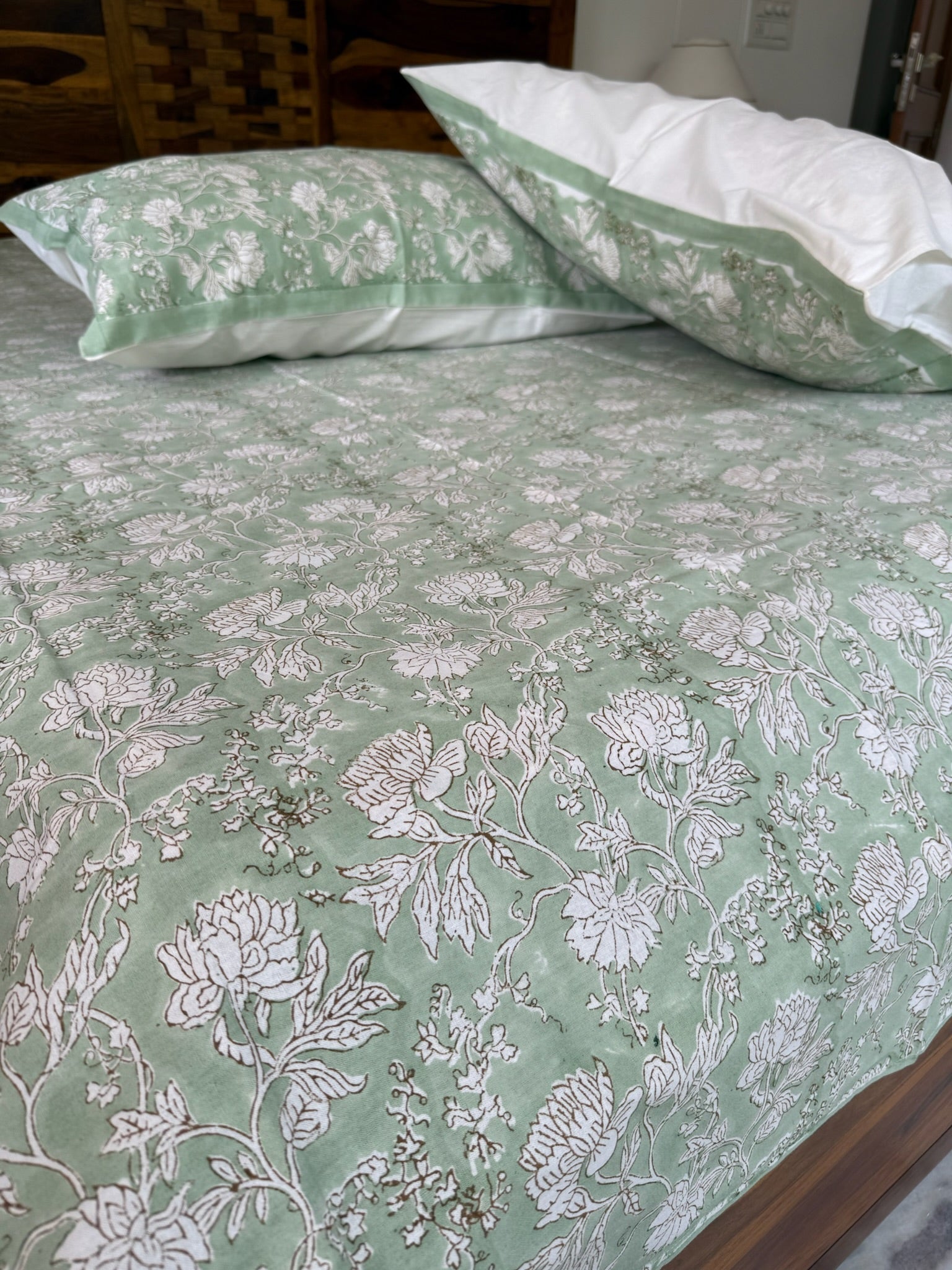 Hand Block Printed Pastel Green Floral Cotton Bedsheet with White Print (with Pillow Covers)