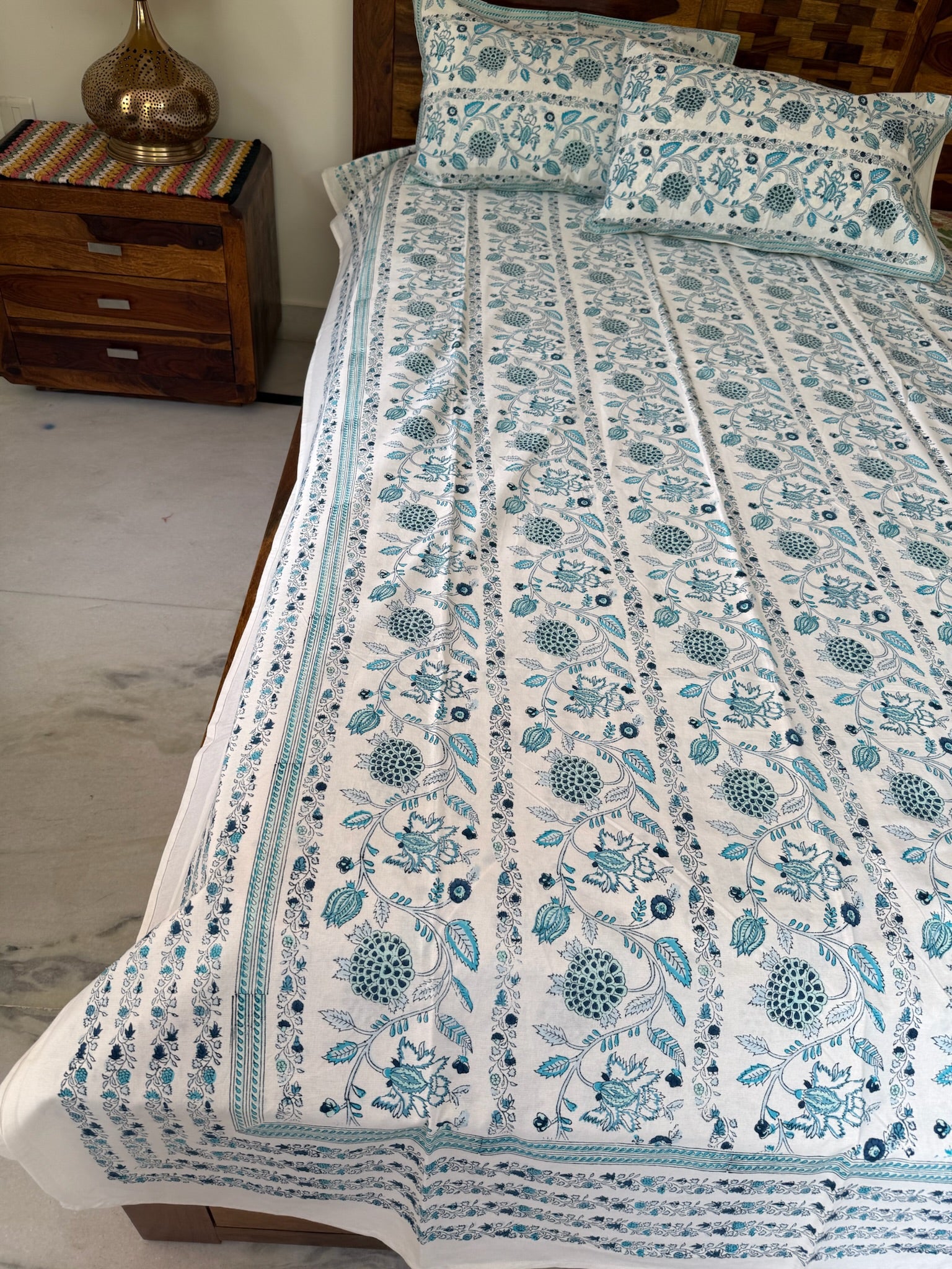 Hand Block Printed White Floral Cotton Bedsheet with Blue & Teal Print (with Pillow Covers)