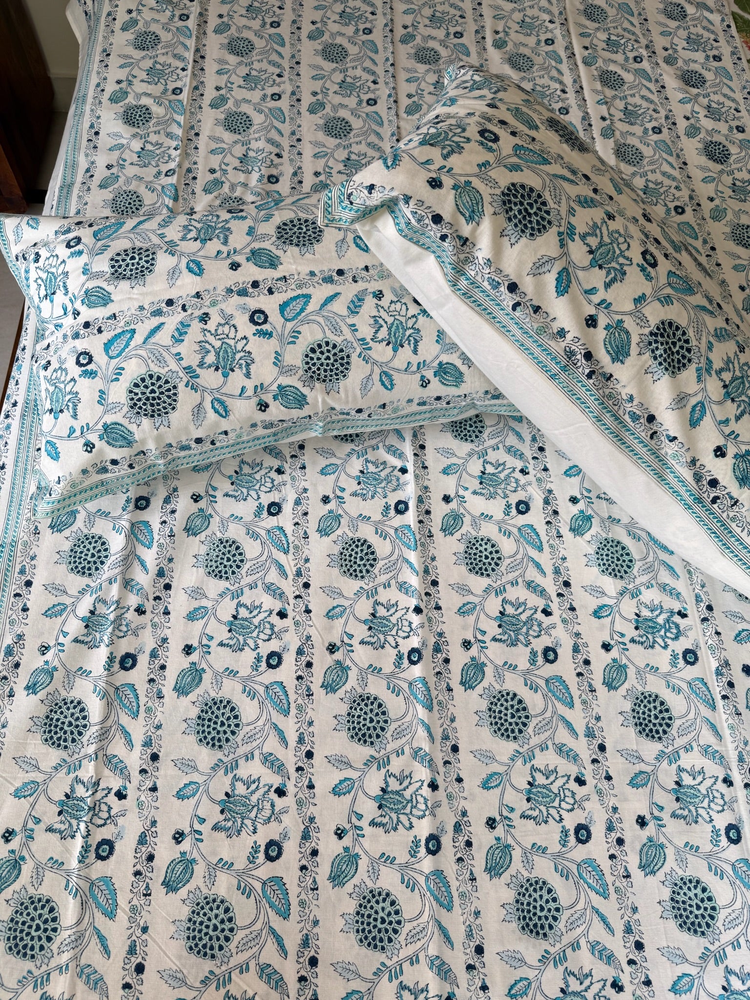 Hand Block Printed White Floral Cotton Bedsheet with Blue & Teal Print (with Pillow Covers)