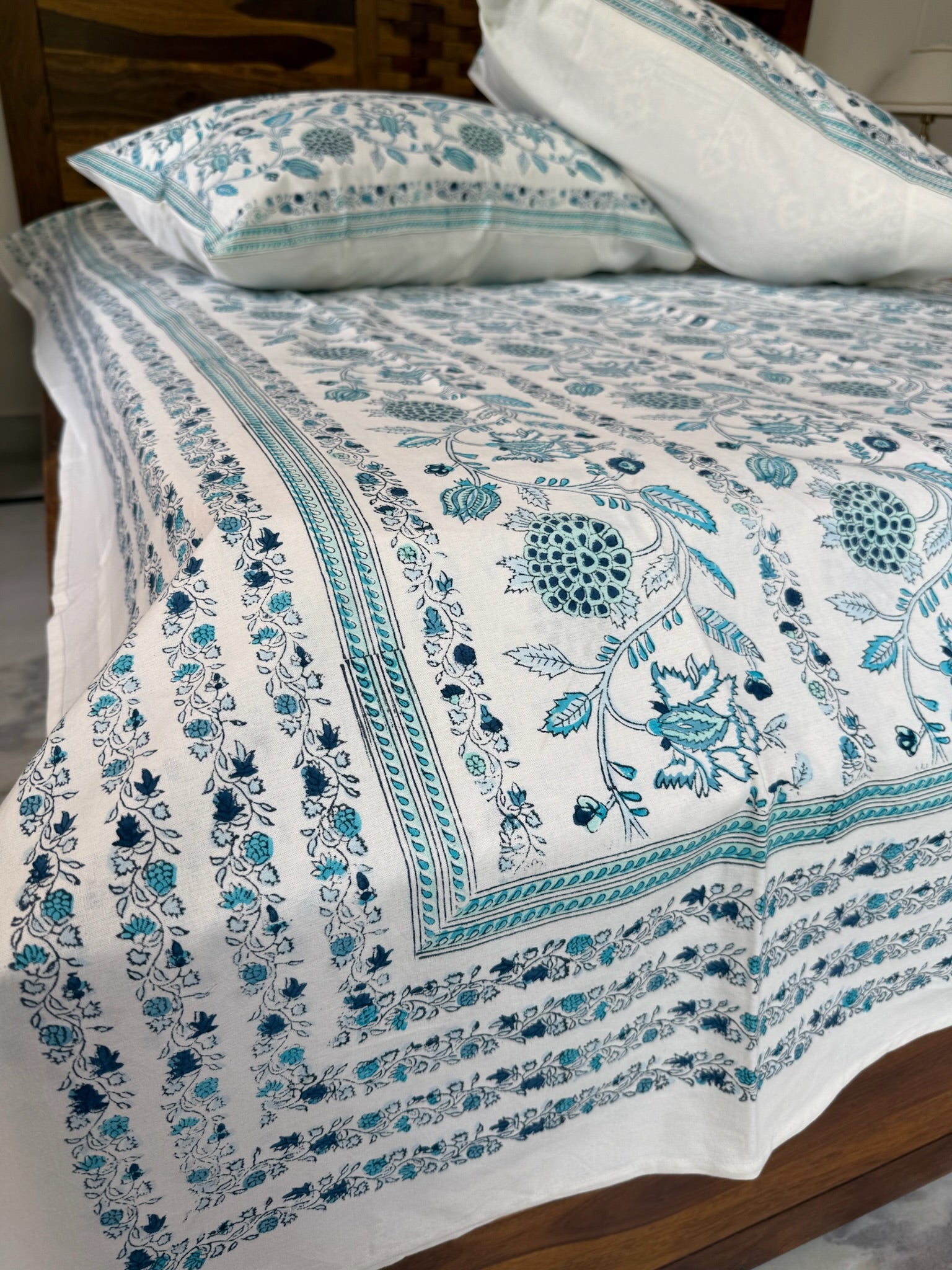 Hand Block Printed White Floral Cotton Bedsheet with Blue & Teal Print (with Pillow Covers)