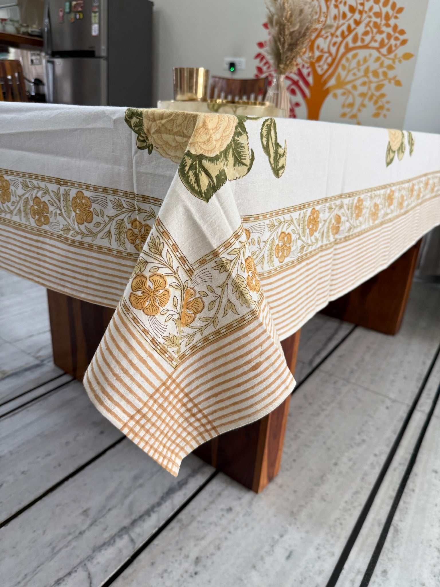 Elegant White Cotton Tablecloth with Yellow Flowers & Border