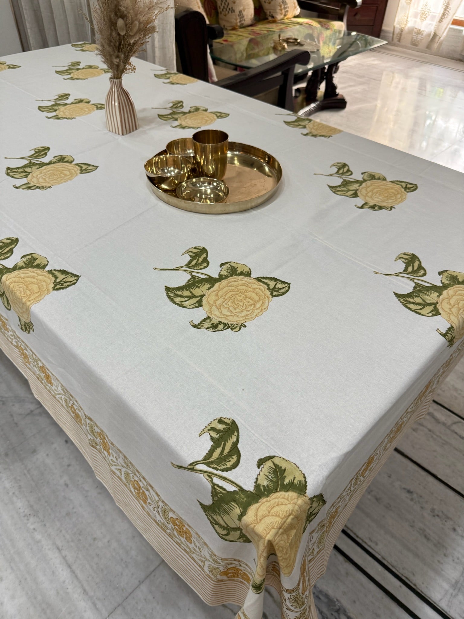 Elegant White Cotton Tablecloth with Yellow Flowers & Border