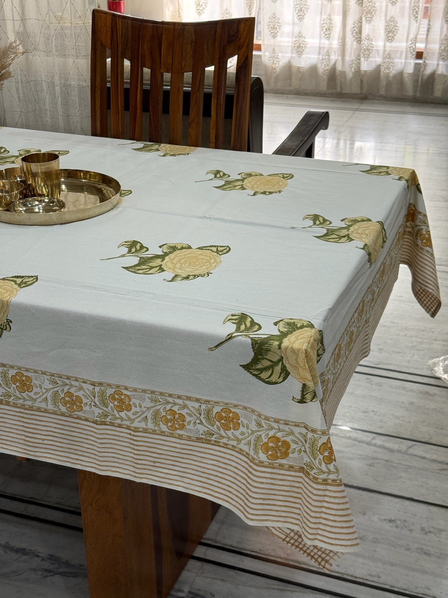 Elegant White Cotton Tablecloth with Yellow Flowers & Border