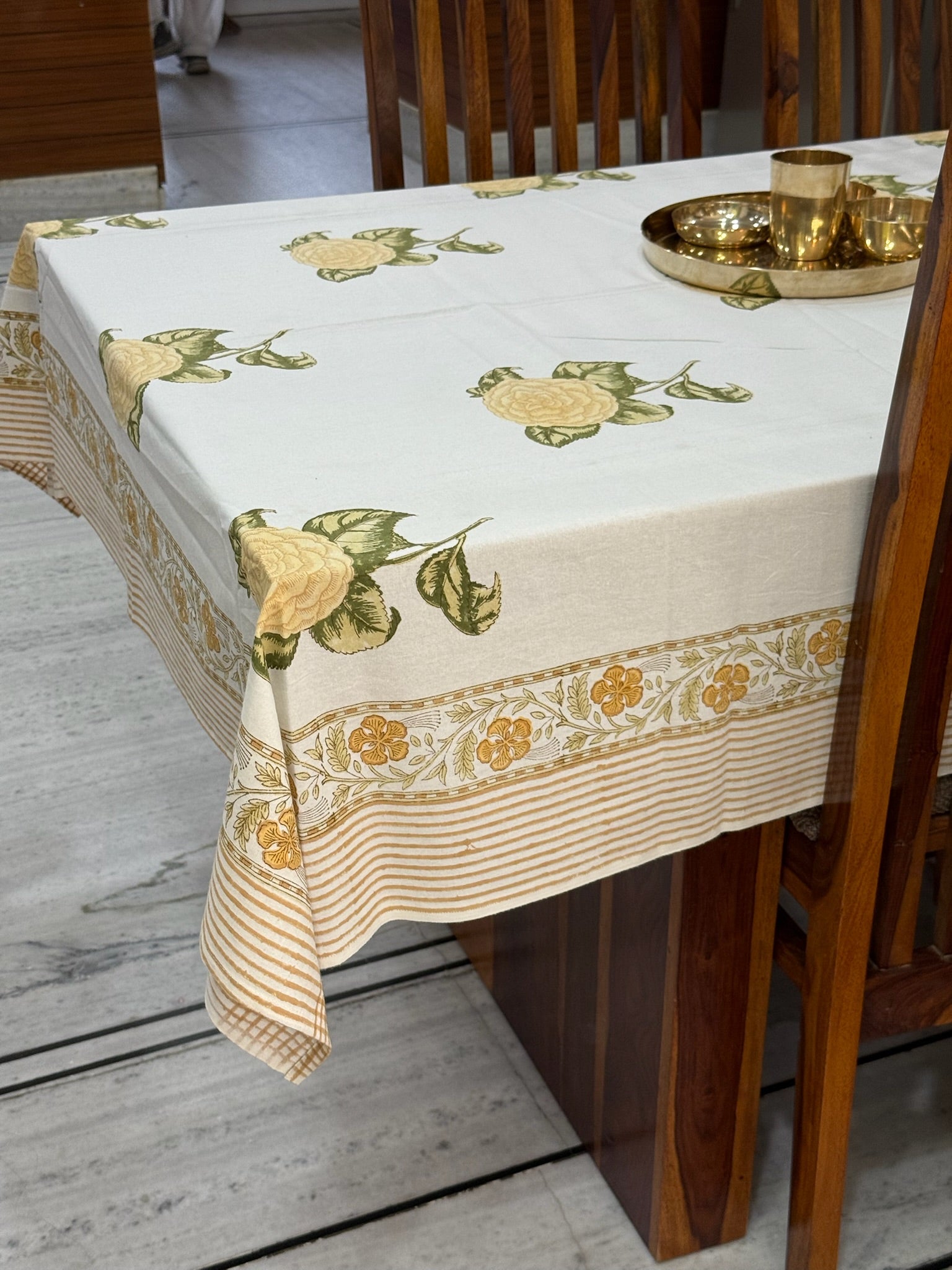 Elegant White Cotton Tablecloth with Yellow Flowers & Border