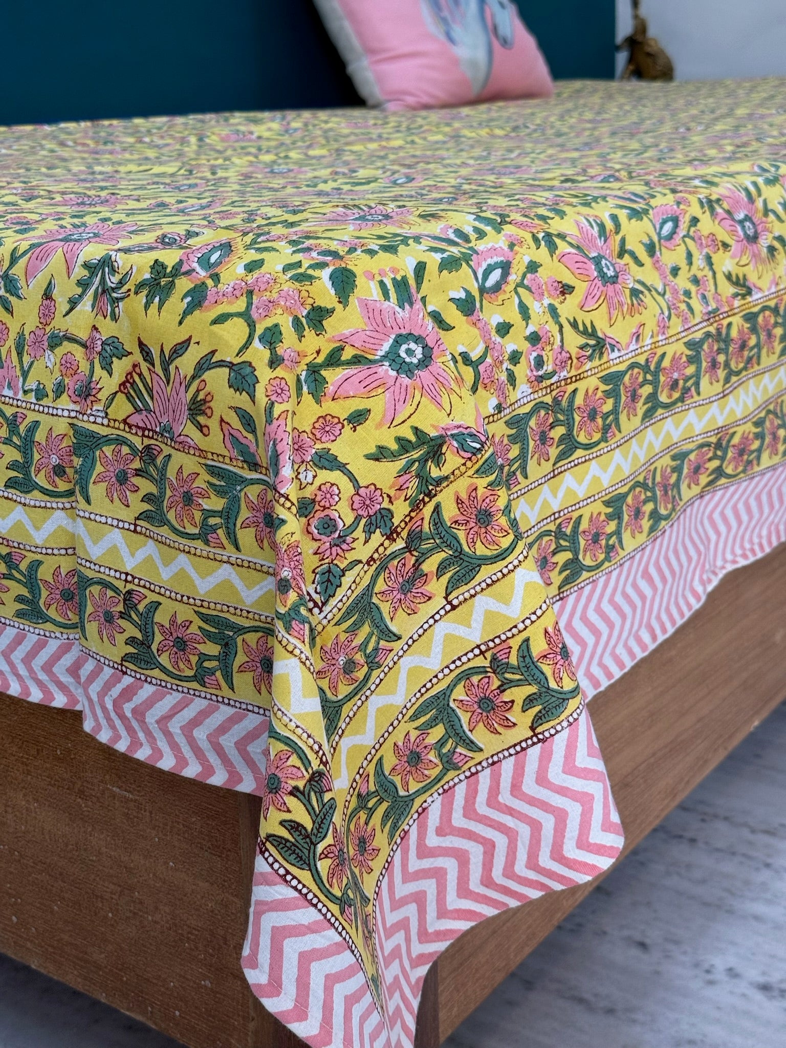 Yellow Floral Cotton Bedsheet with Pink & Green Border