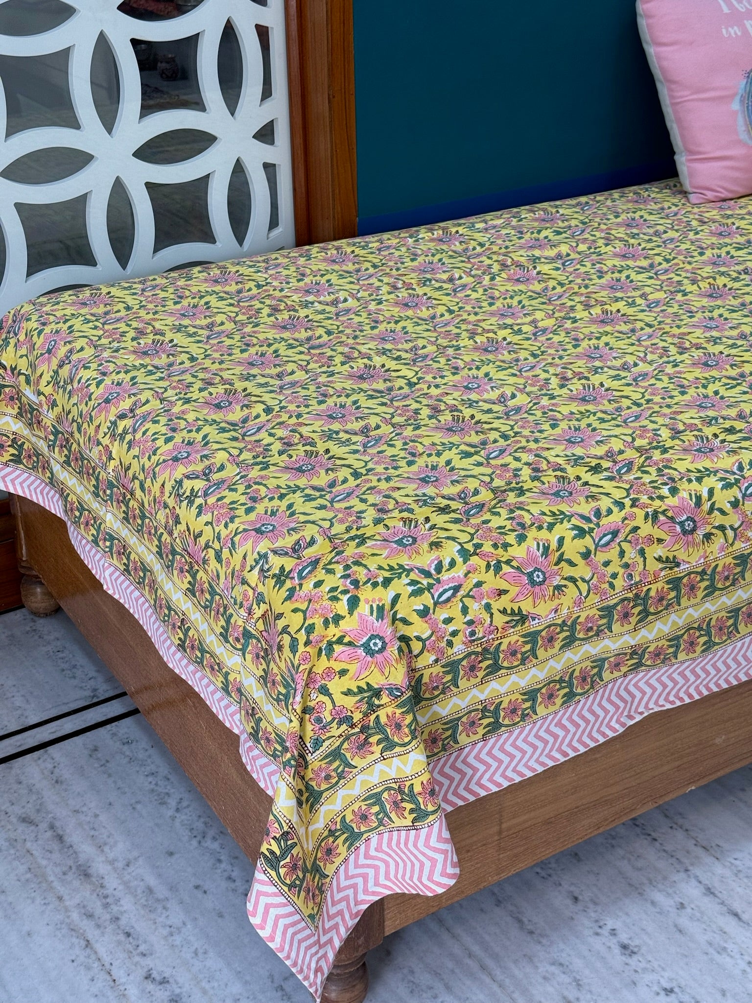 Yellow Floral Cotton Bedsheet with Pink & Green Border