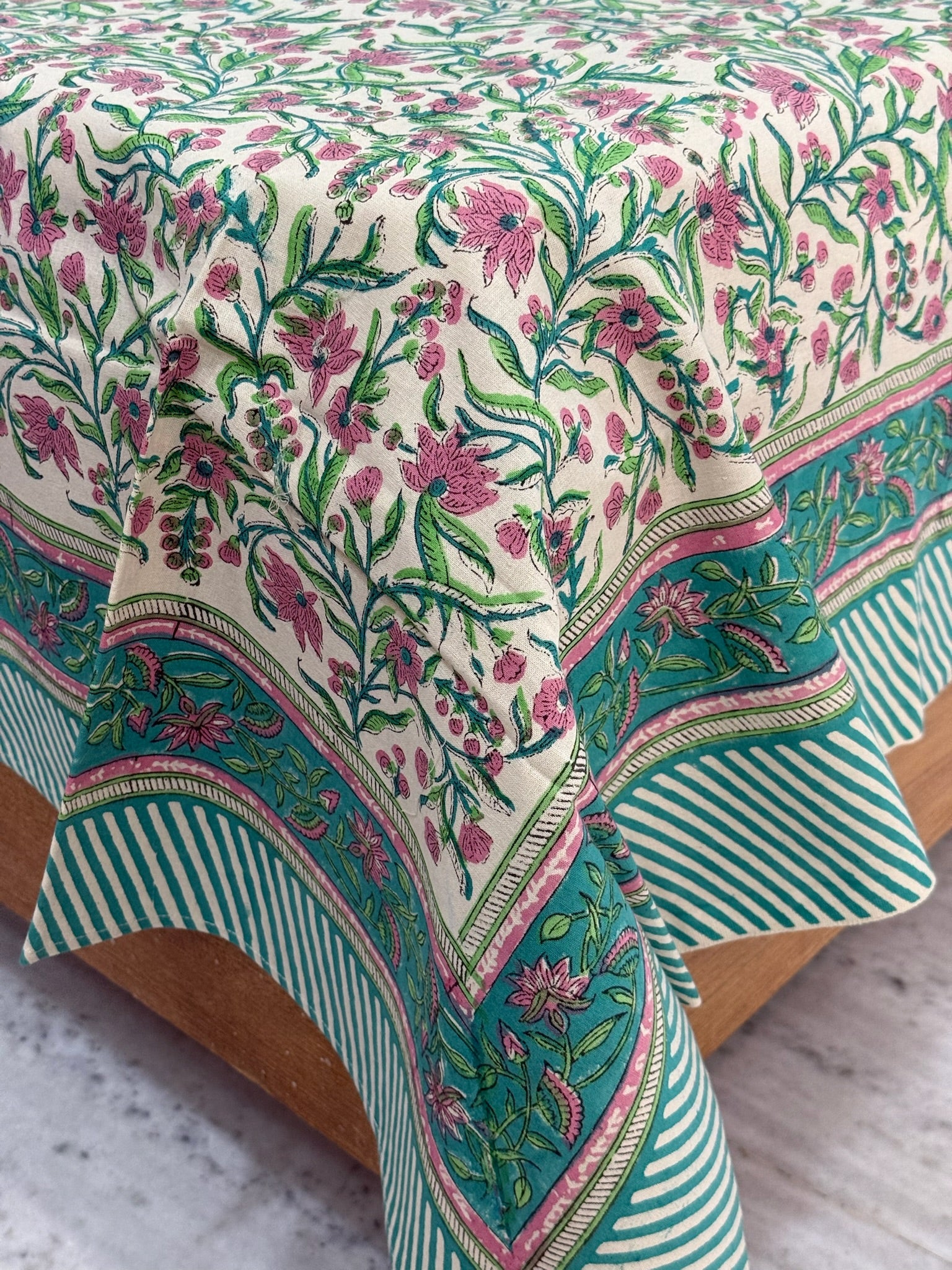 Hand Block Printed Ivory Floral Cotton Bedsheet with Pink & Teal Border