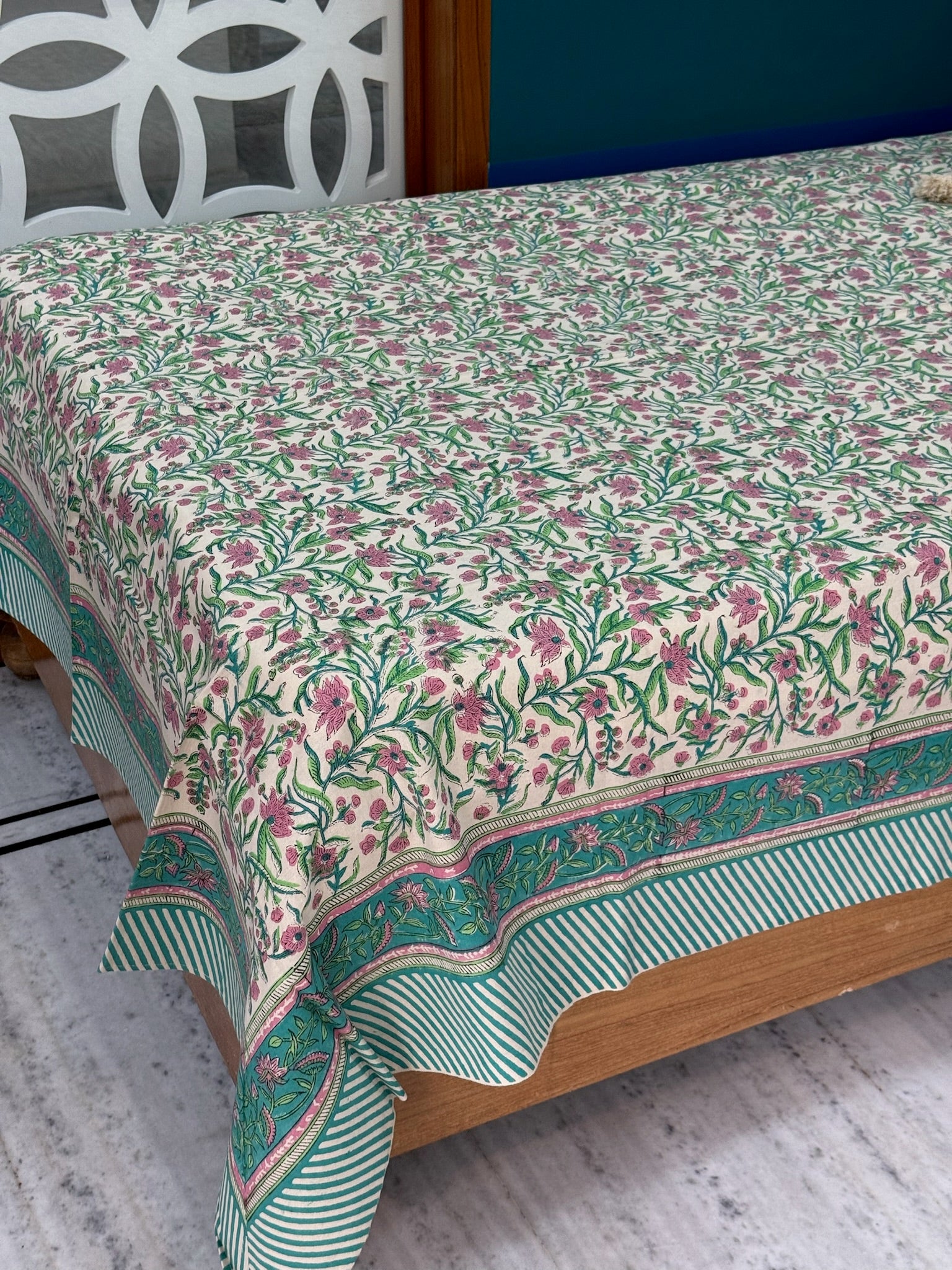 Hand Block Printed Ivory Floral Cotton Bedsheet with Pink & Teal Border