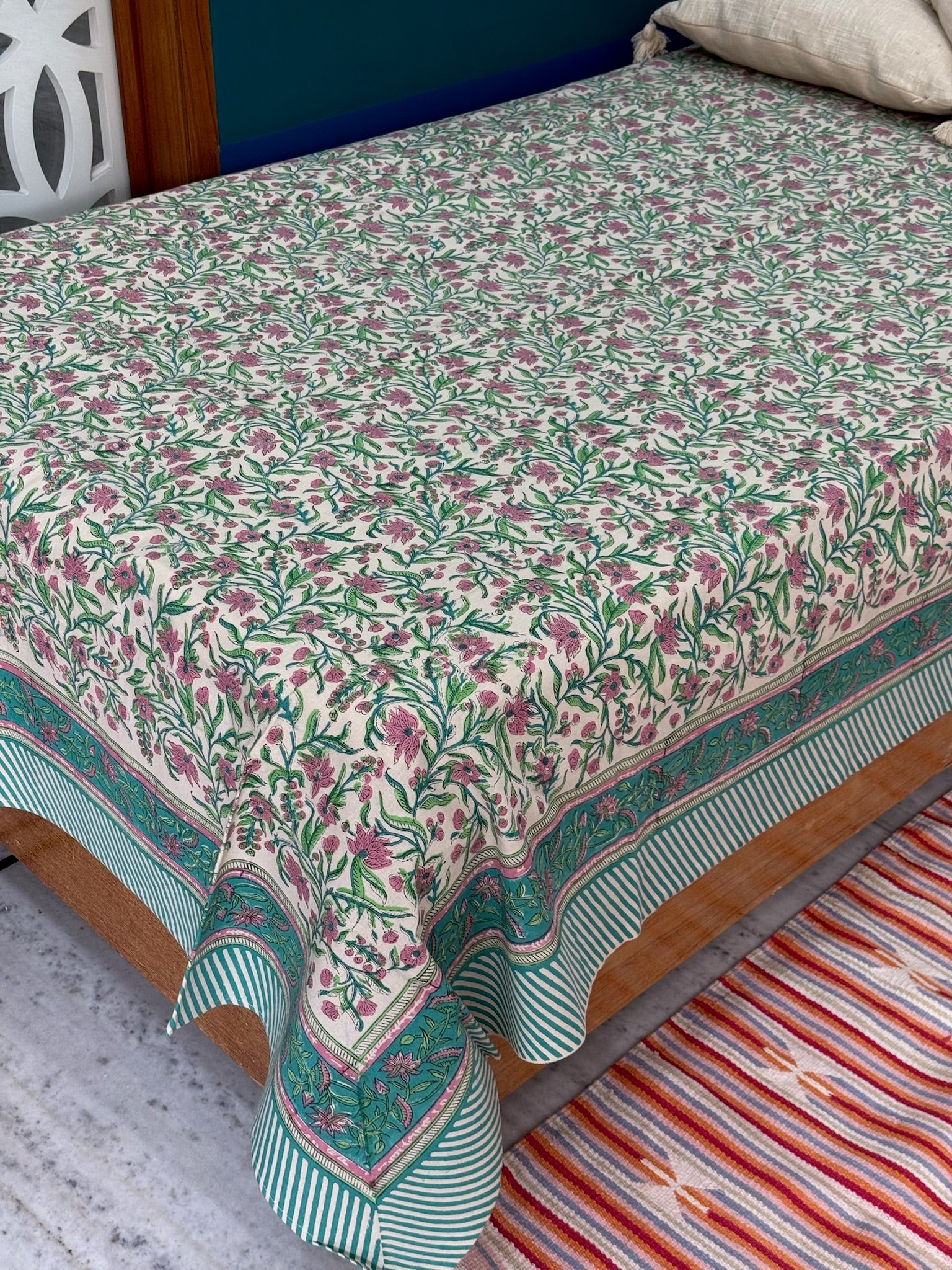 Hand Block Printed Ivory Floral Cotton Bedsheet with Pink & Teal Border