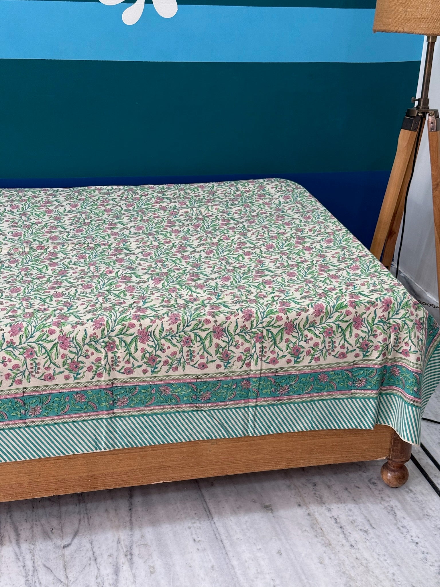 Hand Block Printed Ivory Floral Cotton Bedsheet with Pink & Teal Border