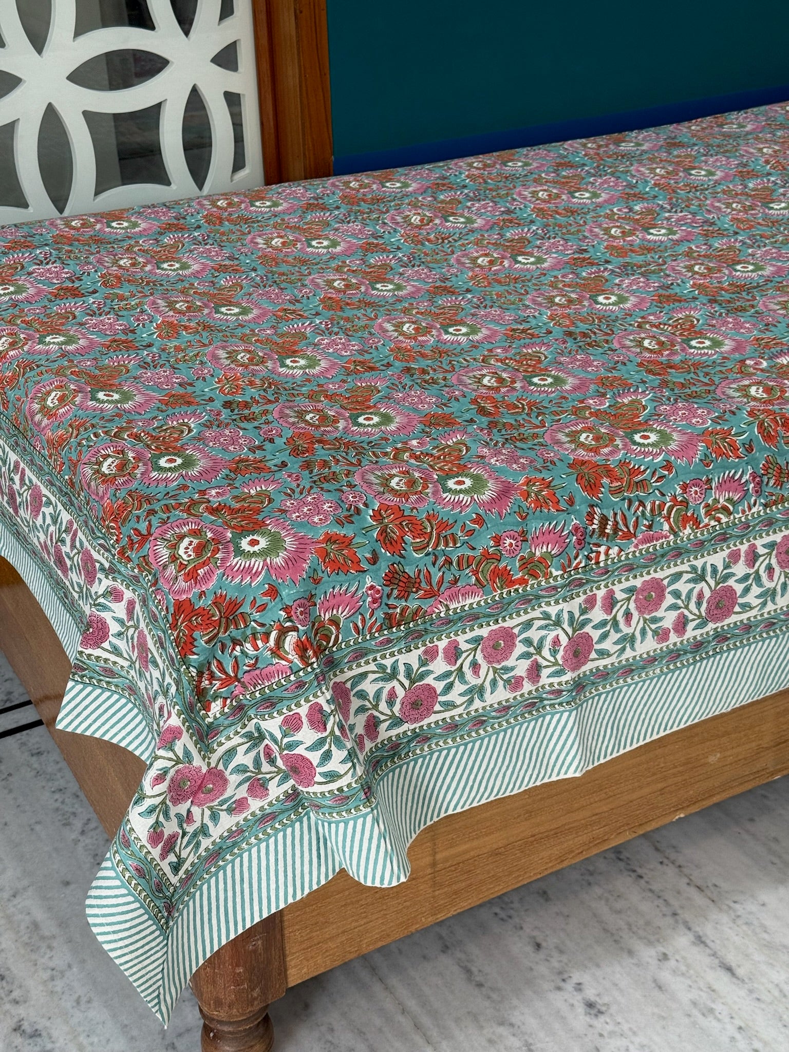 Hand Block Printed Turquoise Floral Cotton Bedsheet with Pink & Red Border