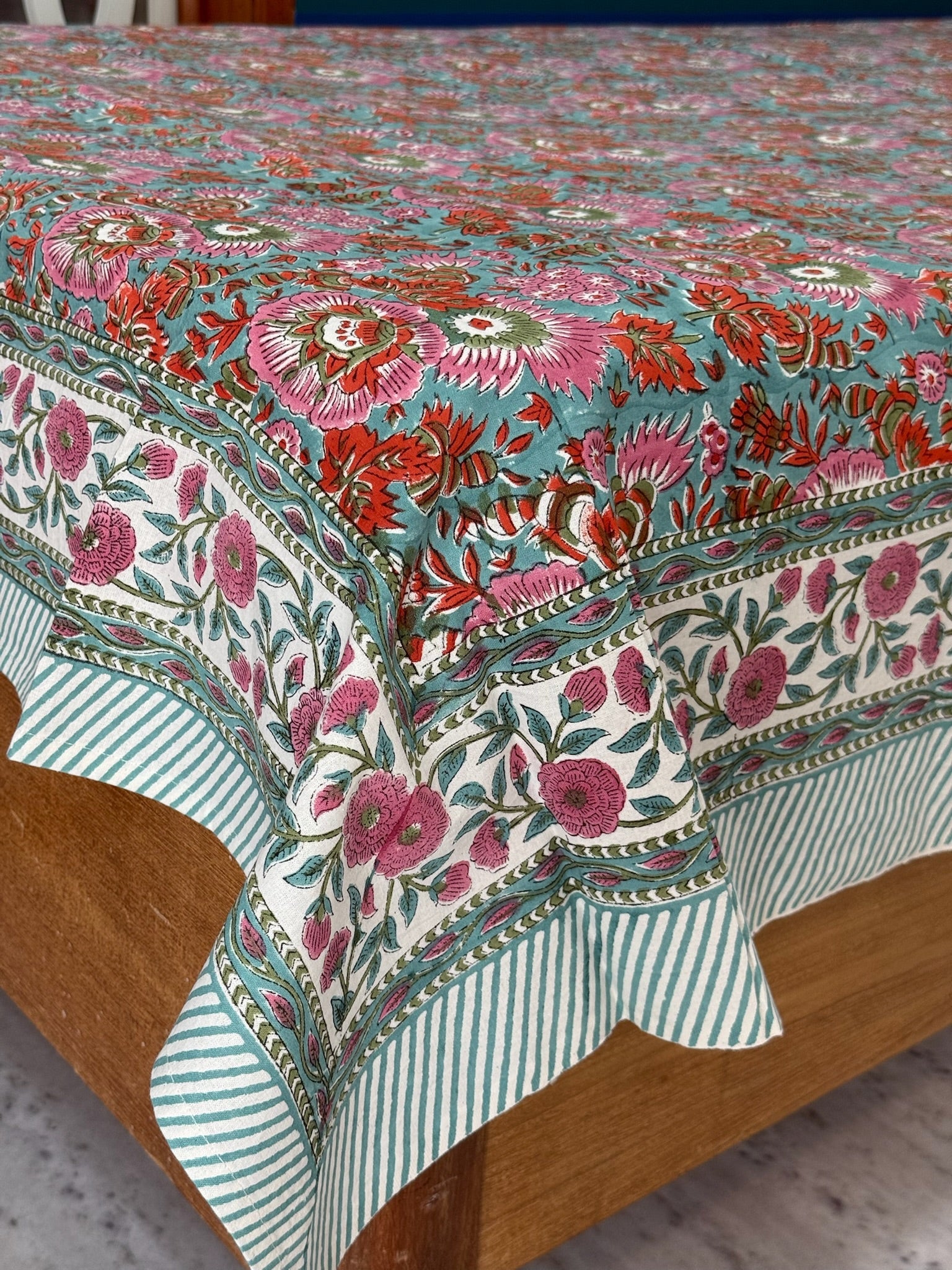 Hand Block Printed Turquoise Floral Cotton Bedsheet with Pink & Red Border