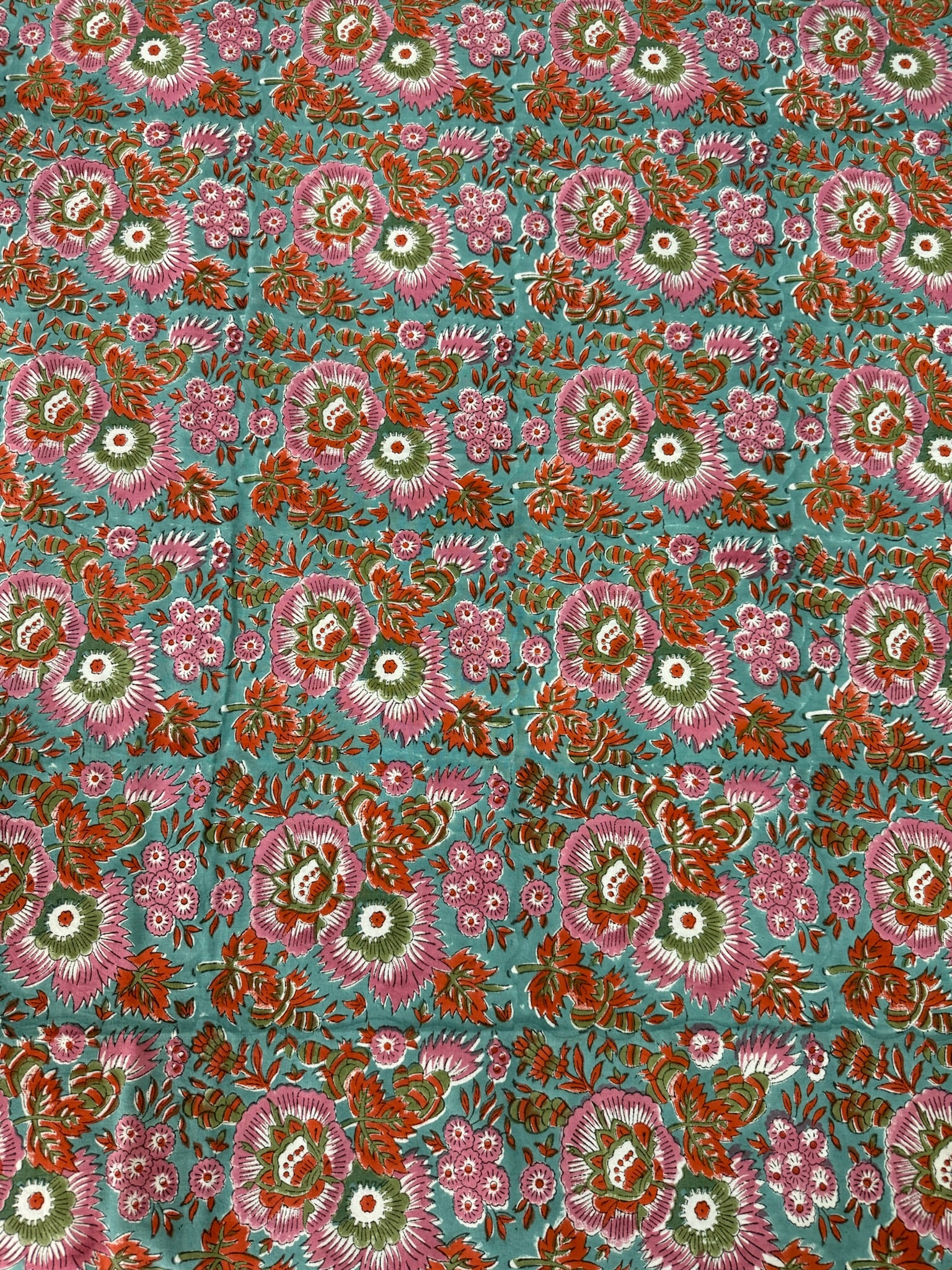 Hand Block Printed Turquoise Floral Cotton Bedsheet with Pink & Red Border