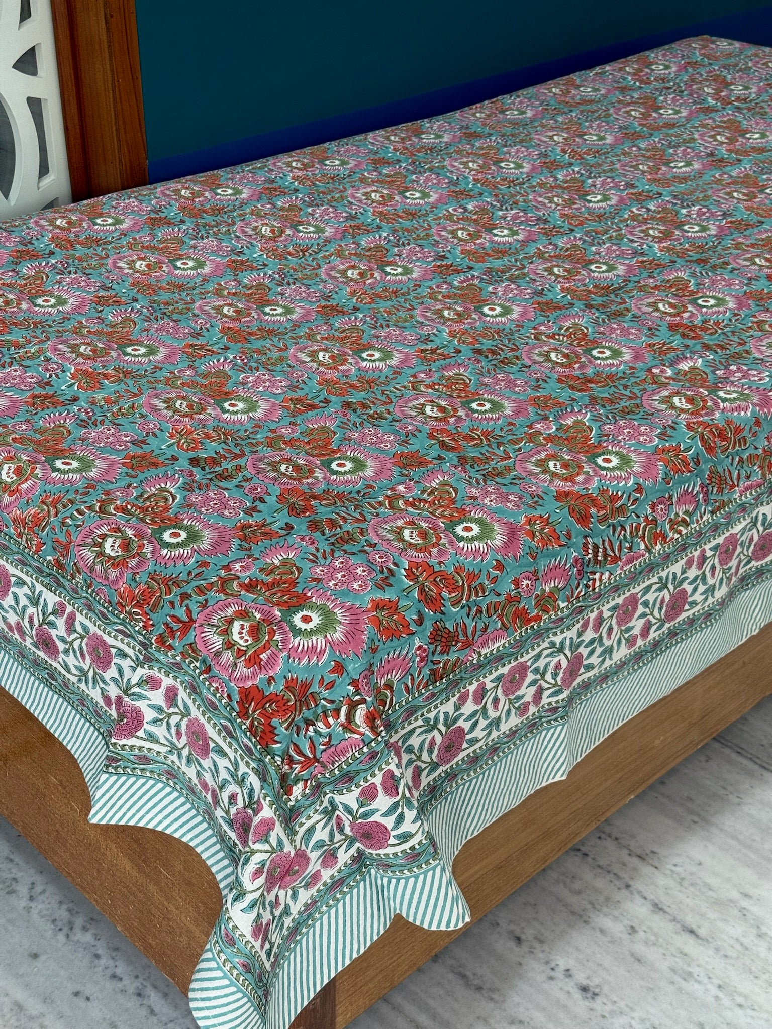Hand Block Printed Turquoise Floral Cotton Bedsheet with Pink & Red Border