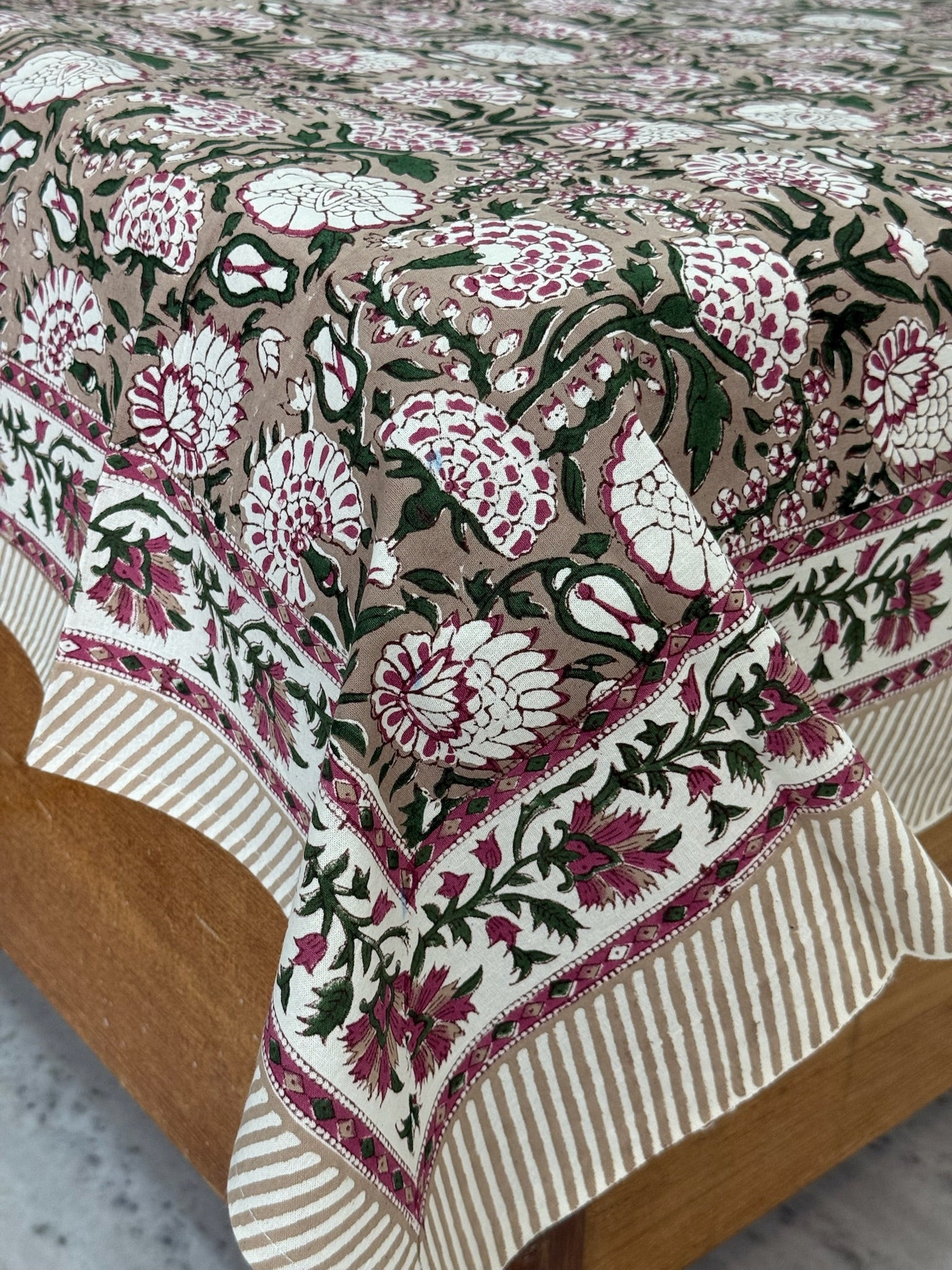 Beige Floral Cotton Bedsheet with Maroon & Green Border