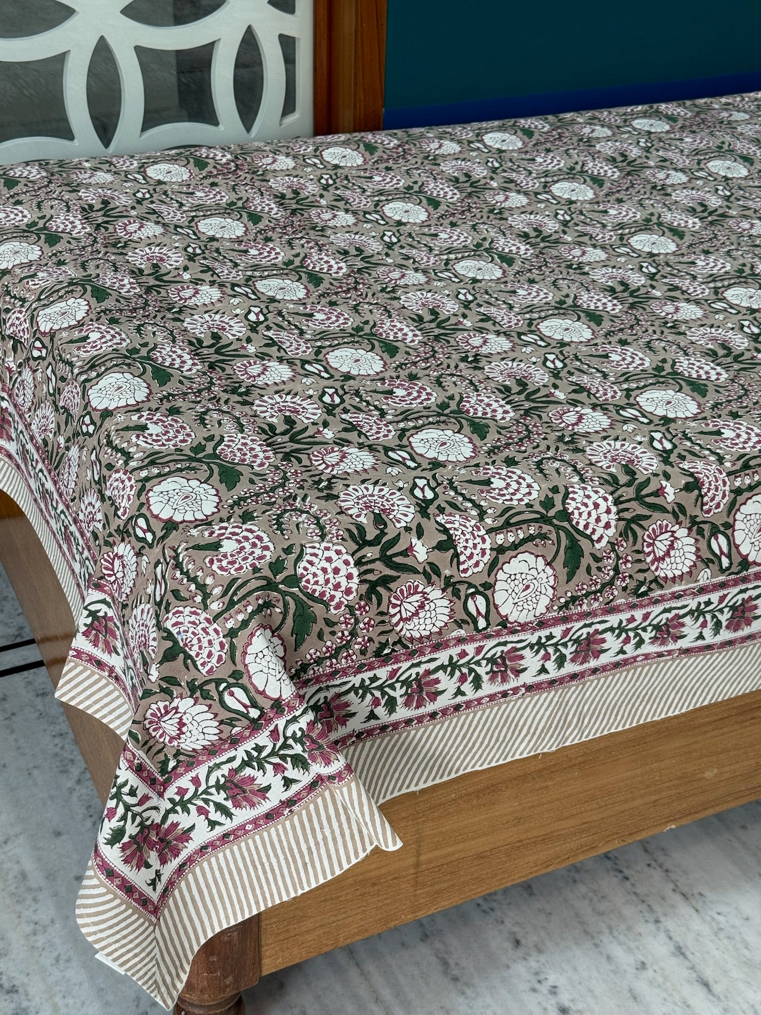 Beige Floral Cotton Bedsheet with Maroon & Green Border
