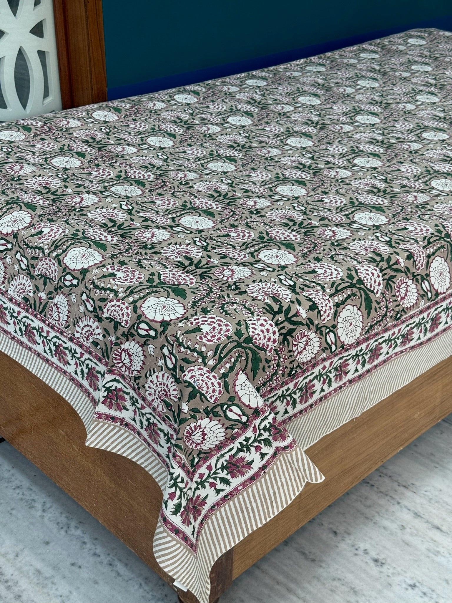 Beige Floral Cotton Bedsheet with Maroon & Green Border