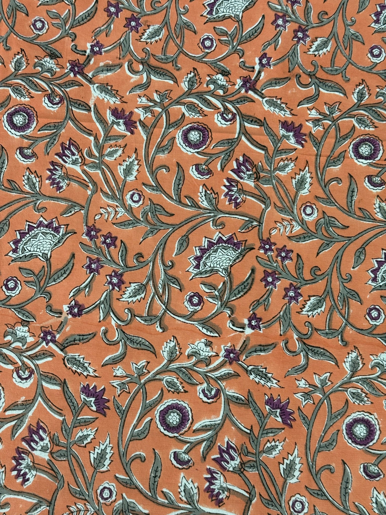 Hand Block Printed Orange Floral Cotton Bedsheet with Purple & White Border