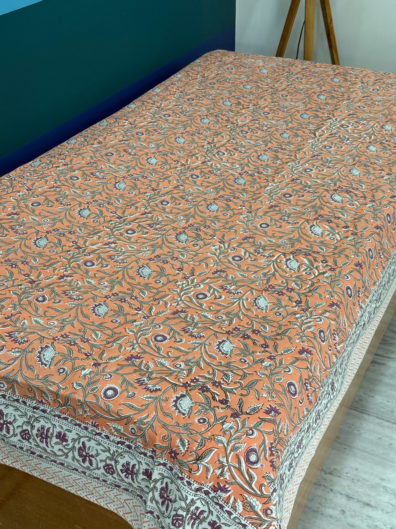 Hand Block Printed Orange Floral Cotton Bedsheet with Purple & White Border