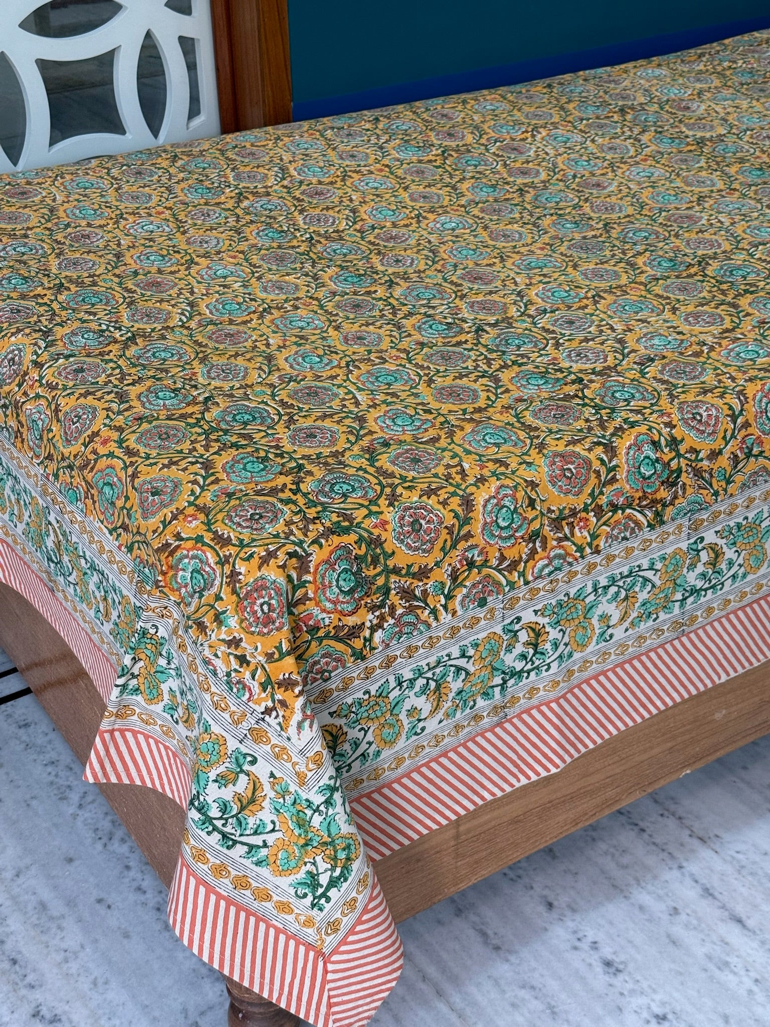 Hand Block Printed Mustard Floral Cotton Bedsheet with Green & Red Border
