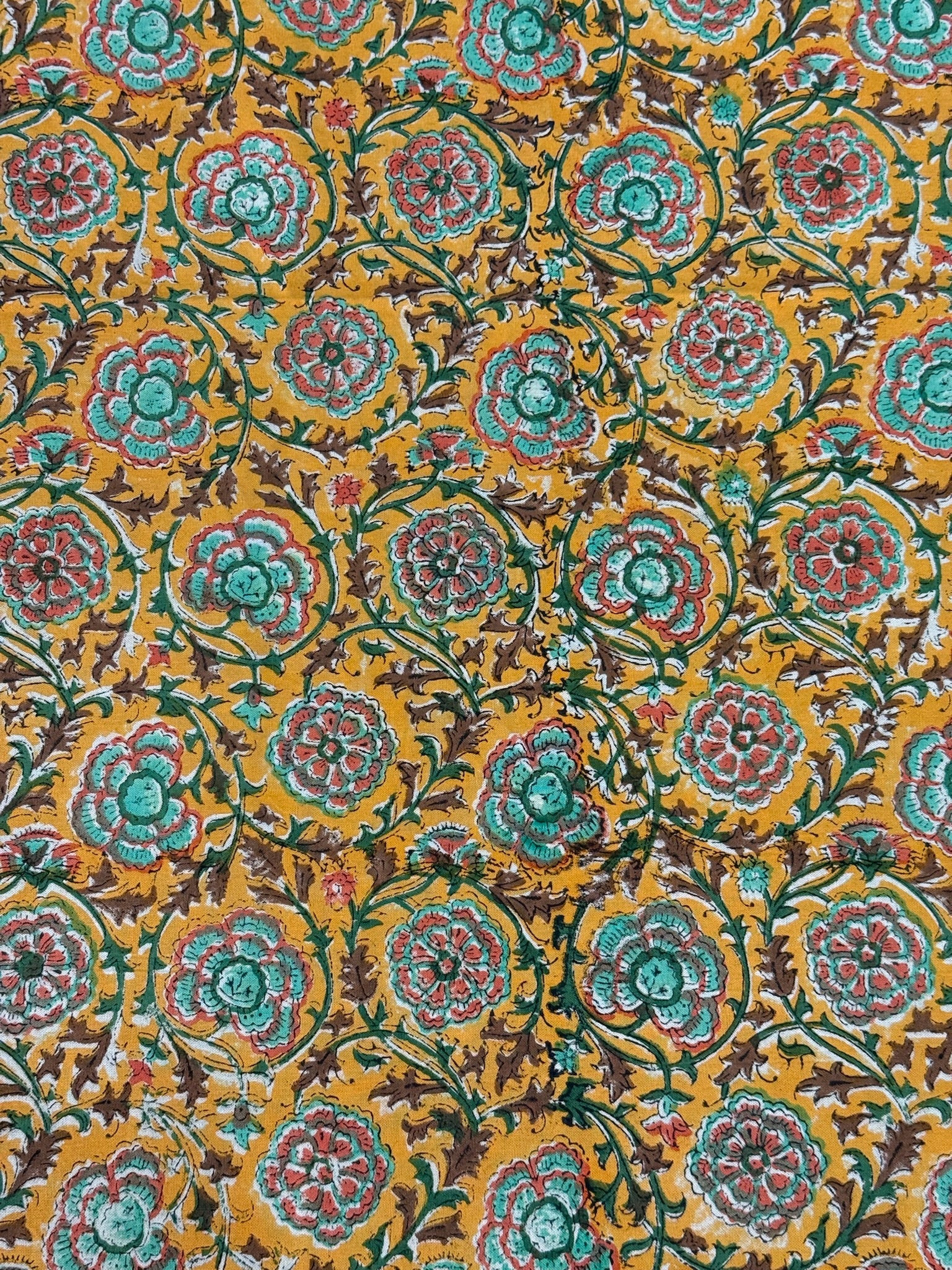 Hand Block Printed Mustard Floral Cotton Bedsheet with Green & Red Border