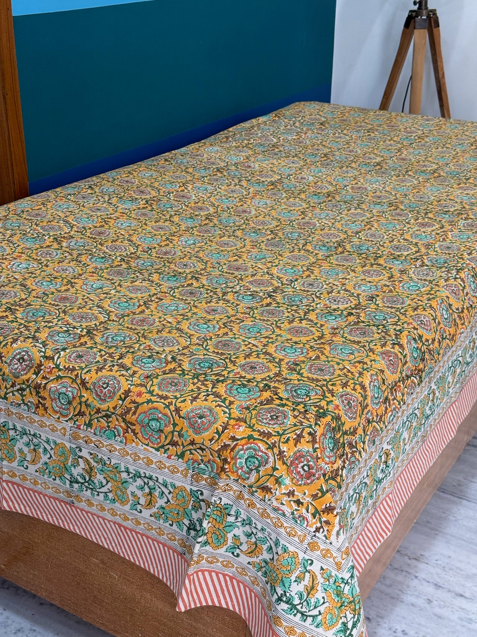 Hand Block Printed Mustard Floral Cotton Bedsheet with Green & Red Border